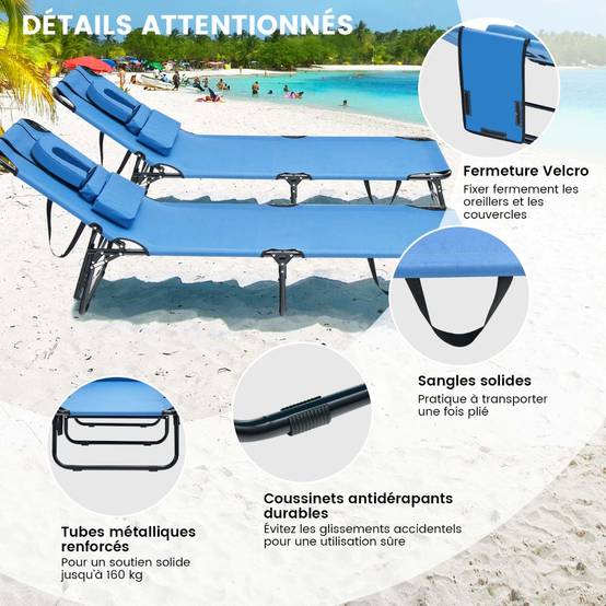 Bain de Soleil Chaise Longue Transat Bronzage Pliante avec Trou 3 Coussins Amovibles et Dossier Réglable Sur 5 Positions Bleu - Image 6