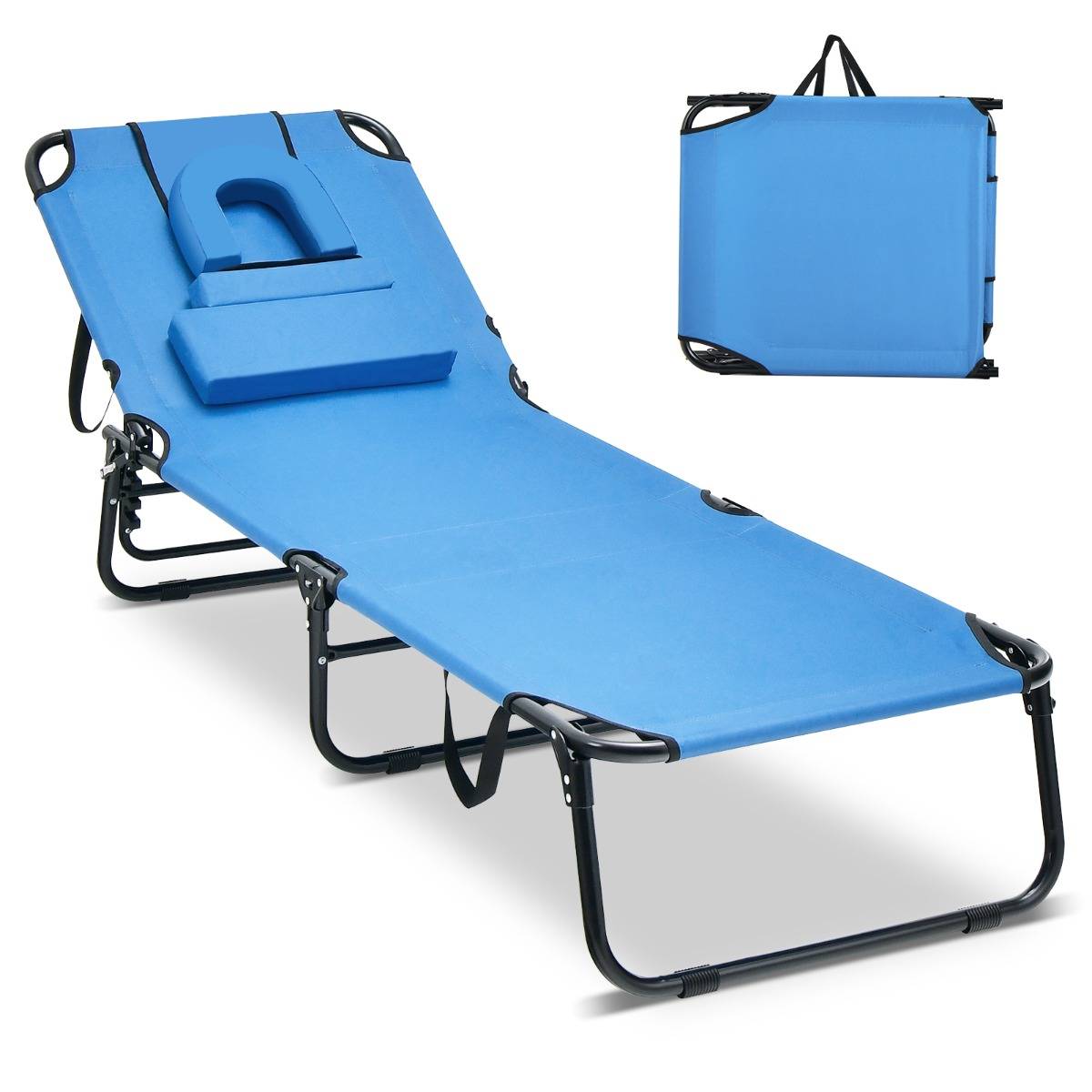 Bain de Soleil Chaise Longue Transat Bronzage Pliante avec Trou 3 Coussins Amovibles et Dossier Réglable Sur 5 Positions Bleu - Image 5
