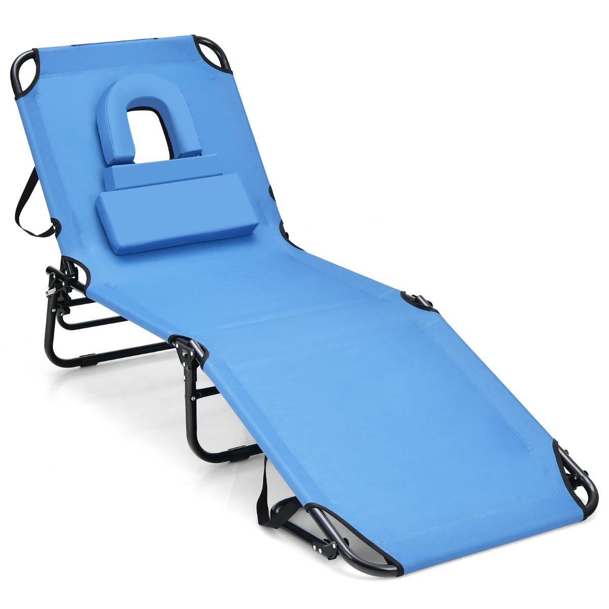 Bain de Soleil Chaise Longue Transat Bronzage Pliante avec Trou 3 Coussins Amovibles et Dossier Réglable Sur 5 Positions Bleu - Image 4