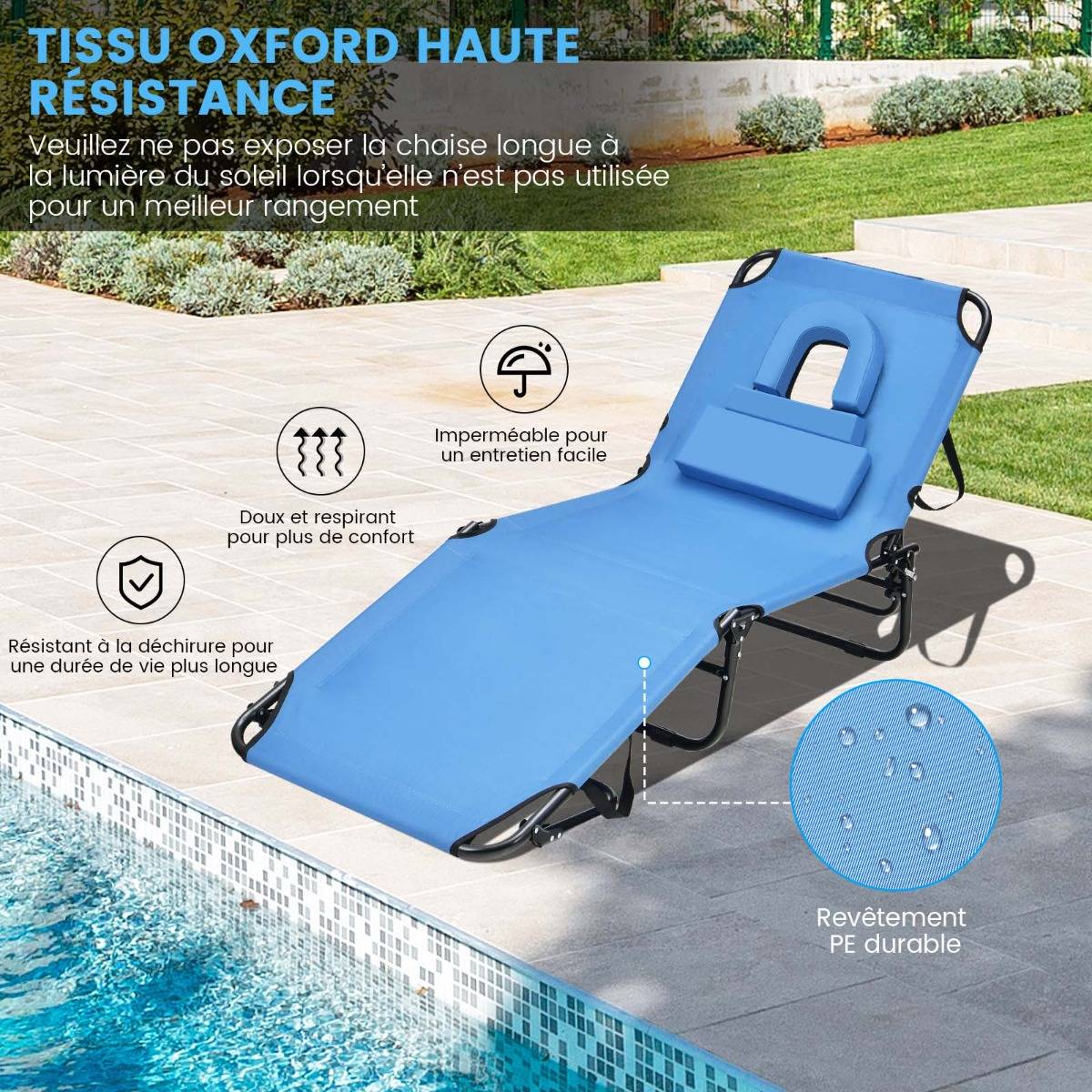 Bain de Soleil Chaise Longue Transat Bronzage Pliante avec Trou 3 Coussins Amovibles et Dossier Réglable Sur 5 Positions Bleu - Image 7