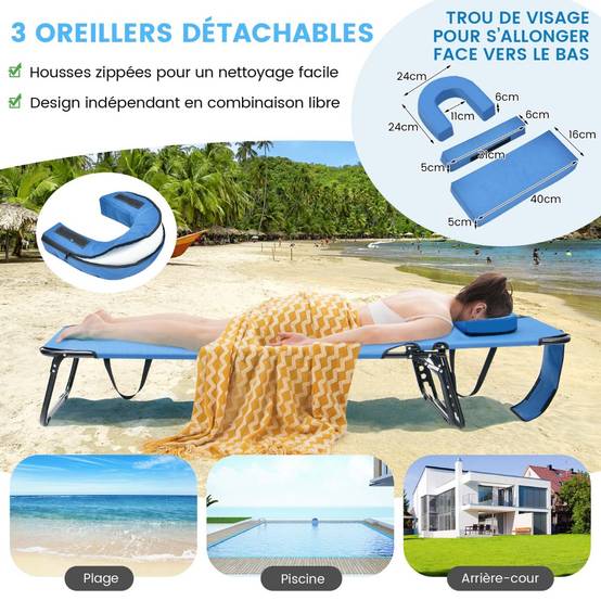 Bain de Soleil Chaise Longue Transat Bronzage Pliante avec Trou 3 Coussins Amovibles et Dossier Réglable Sur 5 Positions Bleu - Image 9