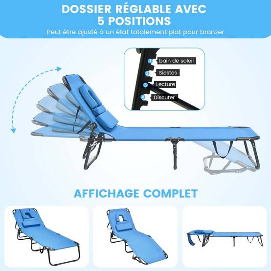 Bain de Soleil Chaise Longue Transat Bronzage Pliante avec Trou 3 Coussins Amovibles et Dossier Réglable Sur 5 Positions Bleu - Image 8
