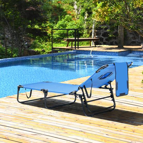 Bain de Soleil Chaise Longue Transat Bronzage Pliante avec Trou 3 Coussins Amovibles et Dossier Réglable Sur 5 Positions Bleu - Image 2