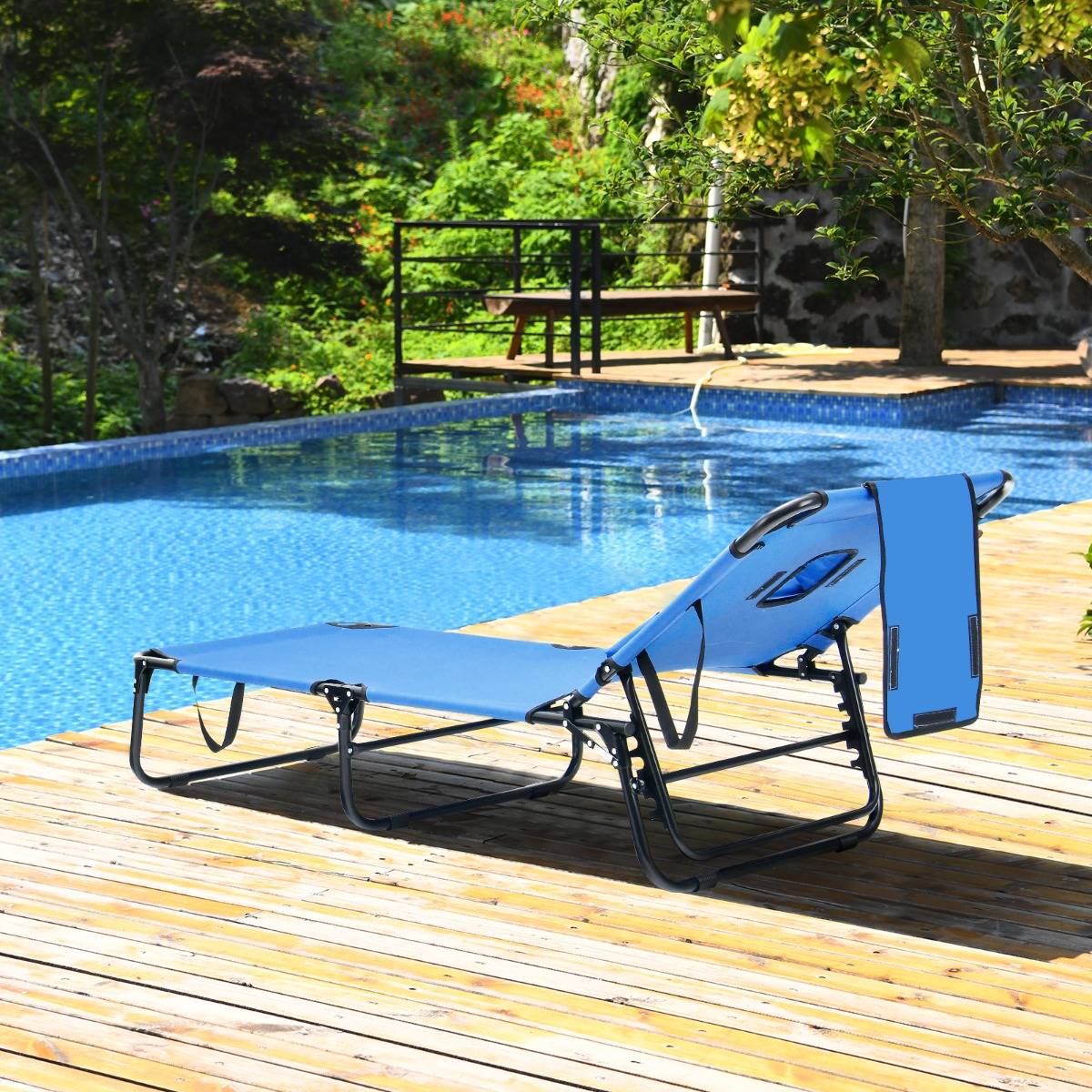 Bain de Soleil Chaise Longue Transat Bronzage Pliante avec Trou 3 Coussins Amovibles et Dossier Réglable Sur 5 Positions Bleu - Image 2