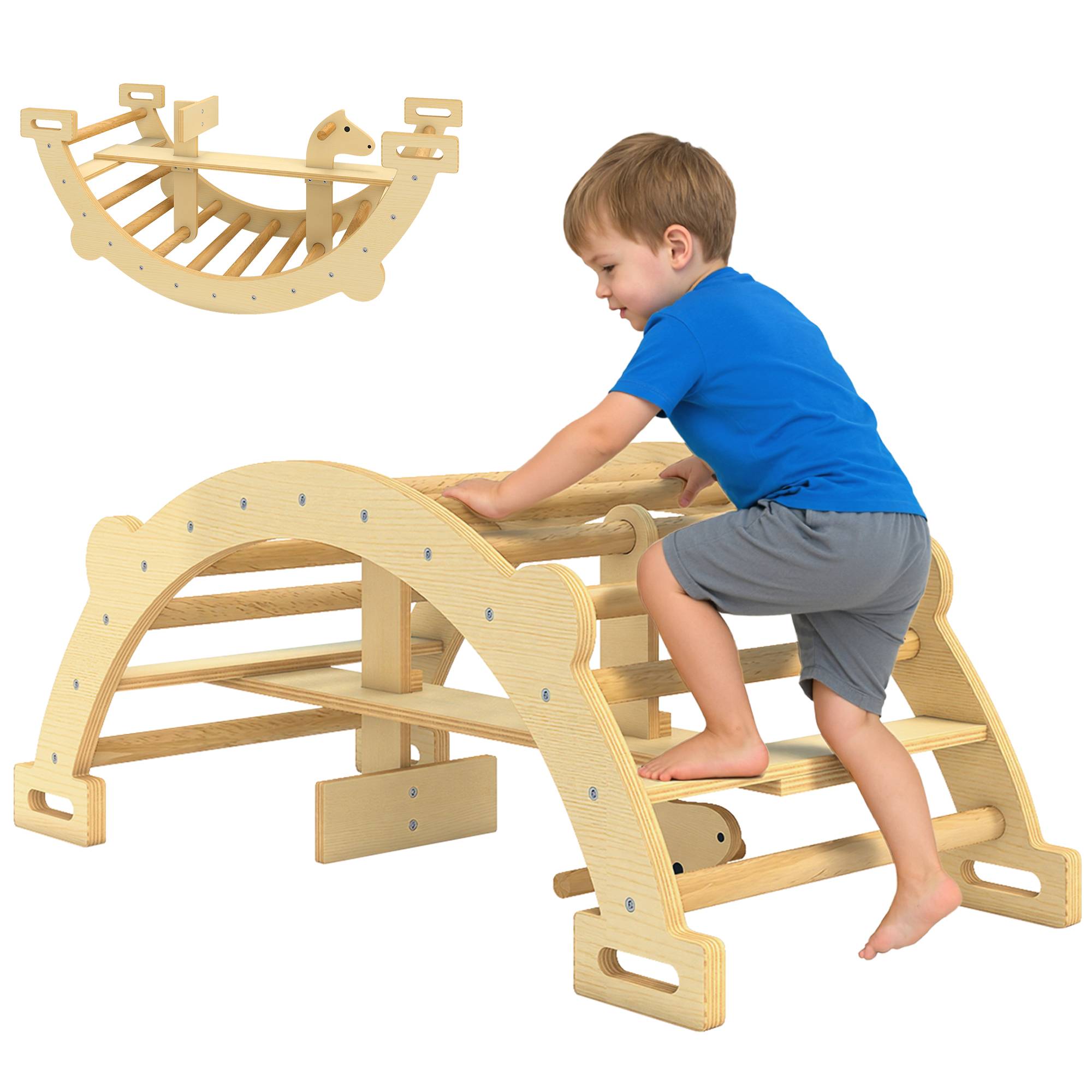 Sans Marque - Arche escalade cheval bascule bois 2en1 structure Montessori 2-4 ans naturelle - Image 1