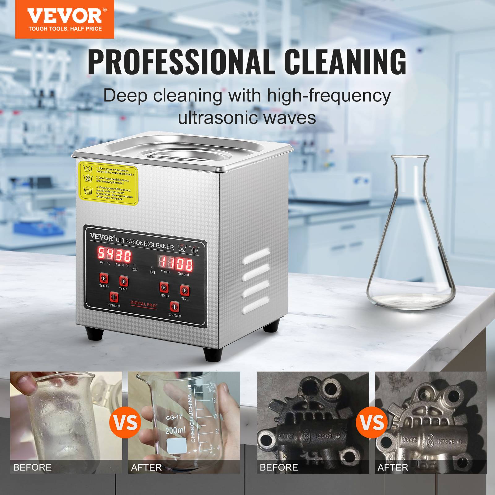 VEVOR Nettoyeur ultrasons 2L inox numérique, chauffage, réglable temps/température, labo/pro. - Image 2