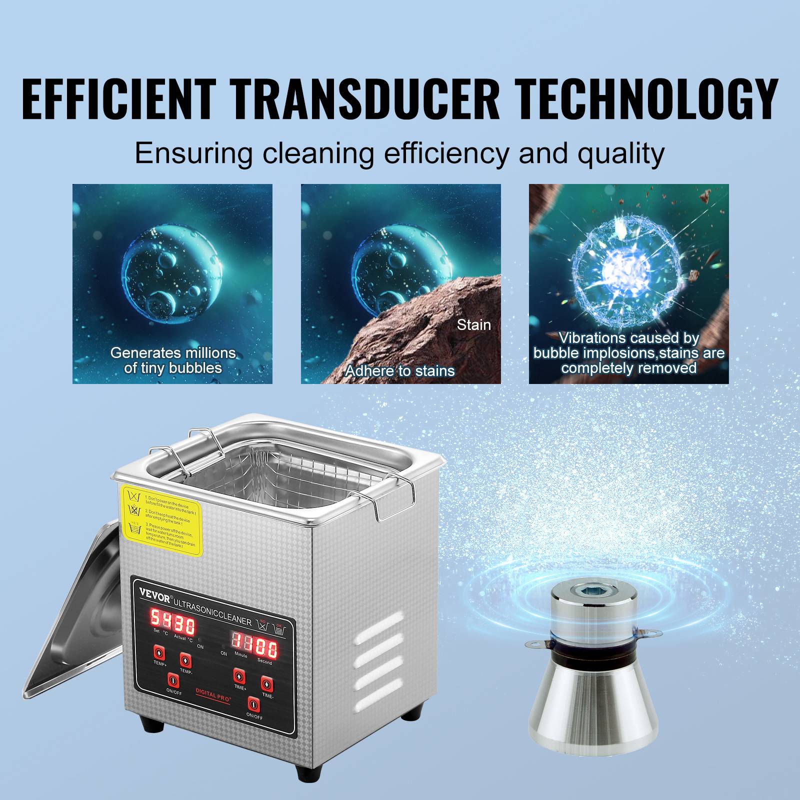 VEVOR Nettoyeur ultrasons 2L inox numérique, chauffage, réglable temps/température, labo/pro. - Image 3