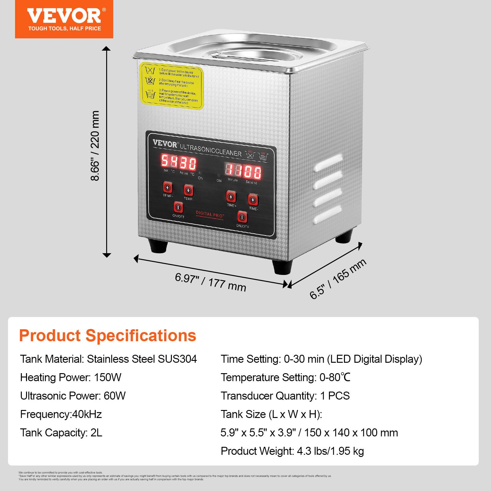 VEVOR Nettoyeur ultrasons 2L inox numérique, chauffage, réglable temps/température, labo/pro. - Image 7