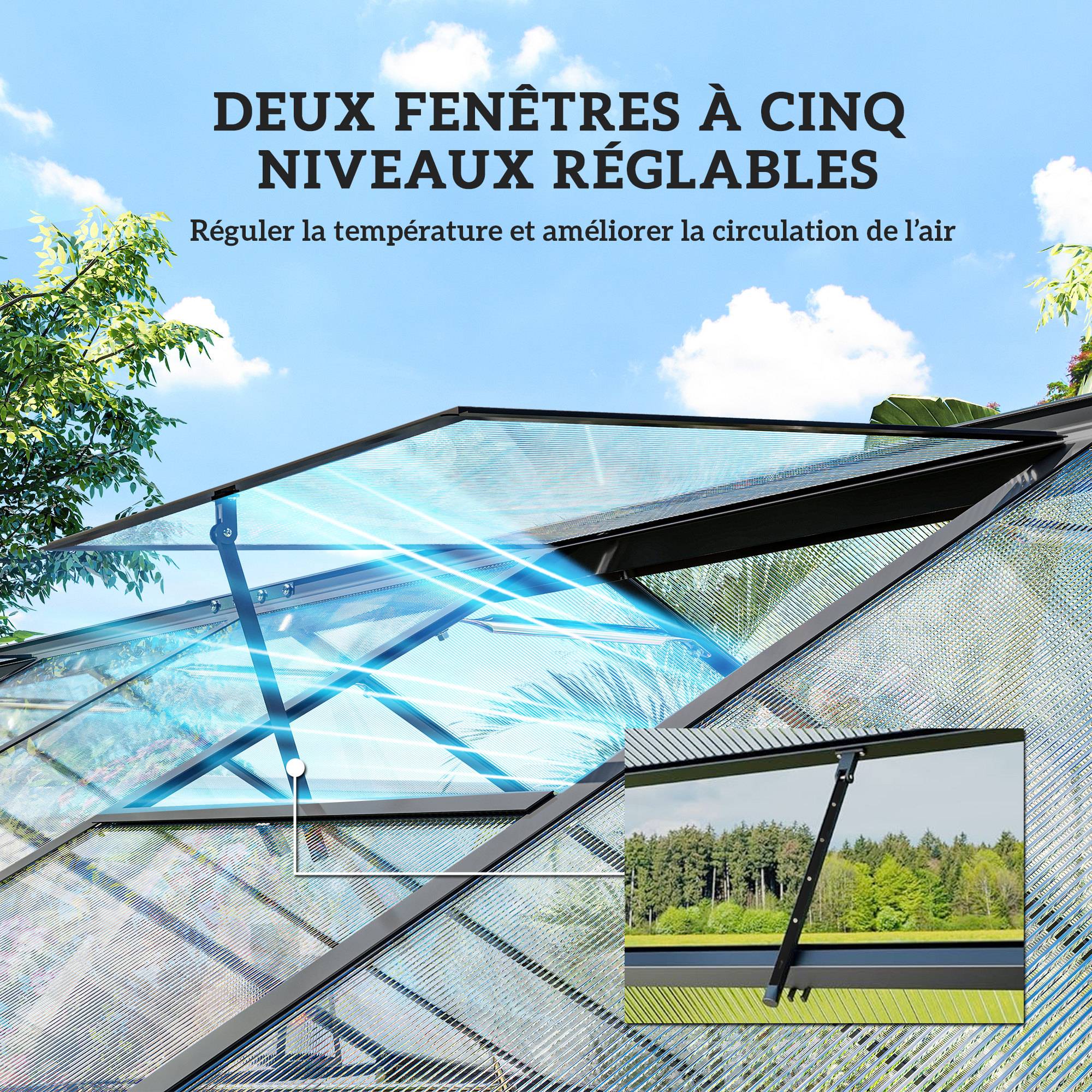 ComfortXL - Serre de jardin aluminium polycarbonate 363x247x205 cm noire fenêtres réglables - ComfortXL Outdoor Living - Image 8