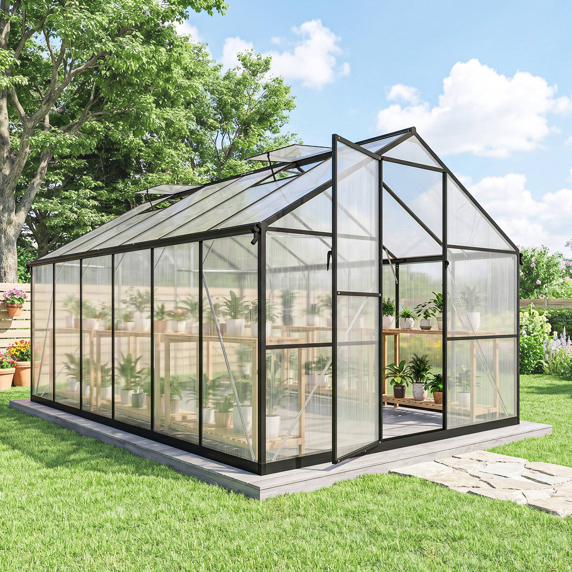 ComfortXL - Serre de jardin aluminium polycarbonate 363x247x205 cm noire fenêtres réglables - ComfortXL Outdoor Living - Image 3