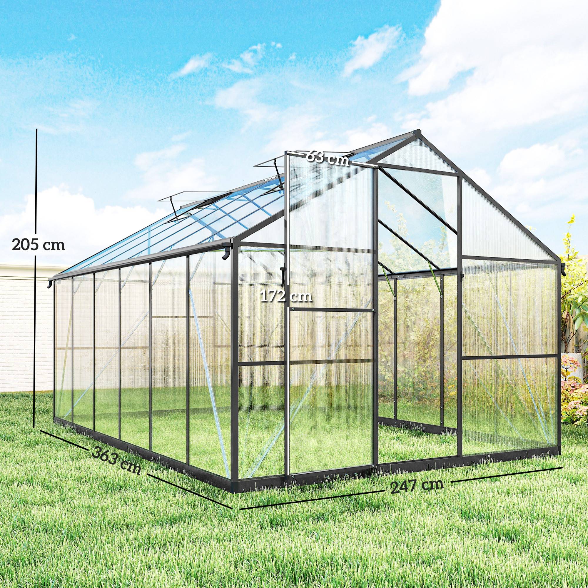 ComfortXL - Serre de jardin aluminium polycarbonate 363x247x205 cm noire fenêtres réglables - ComfortXL Outdoor Living - Image 4