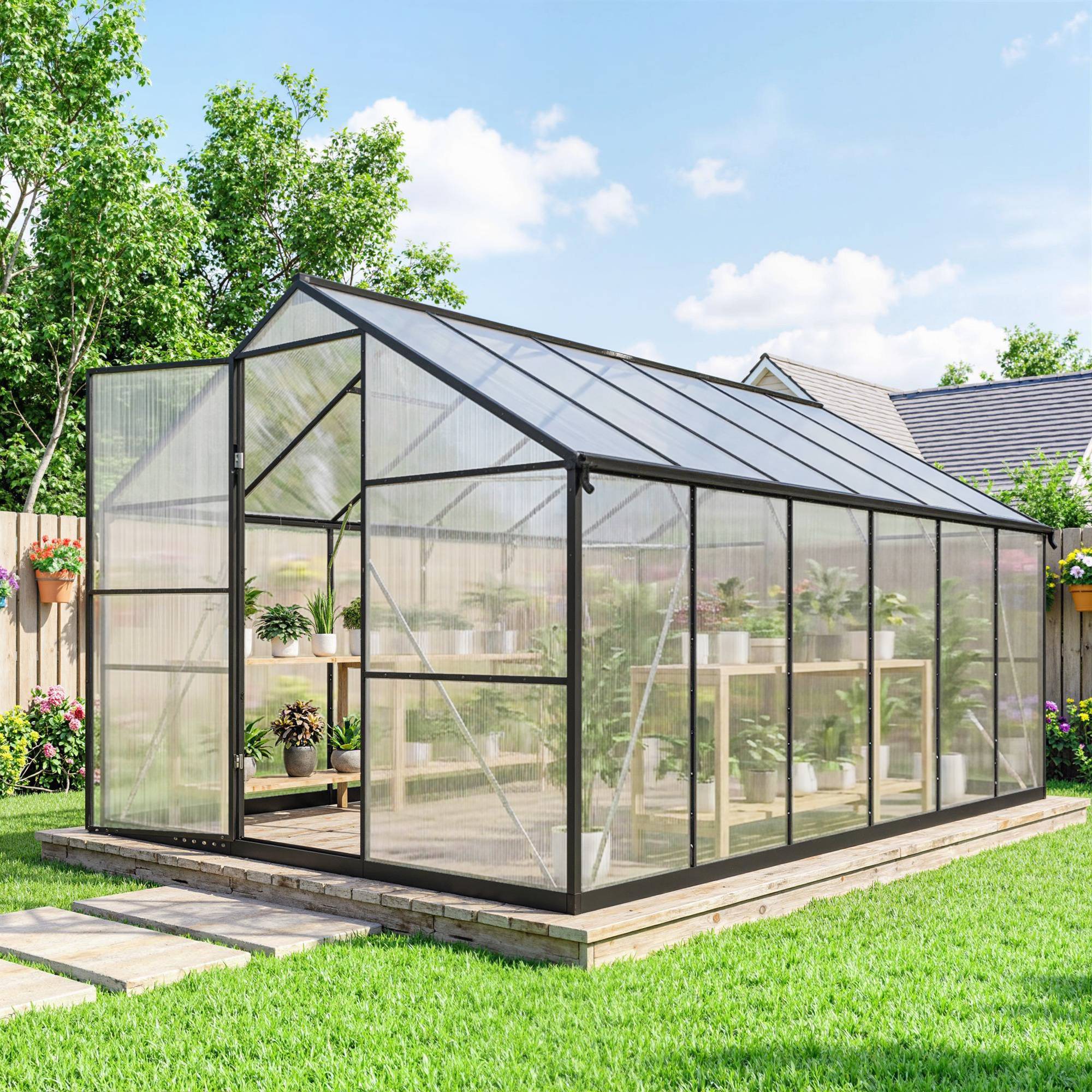 ComfortXL - Serre de jardin aluminium polycarbonate 363x247x205 cm noire fenêtres réglables - ComfortXL Outdoor Living - Image 2