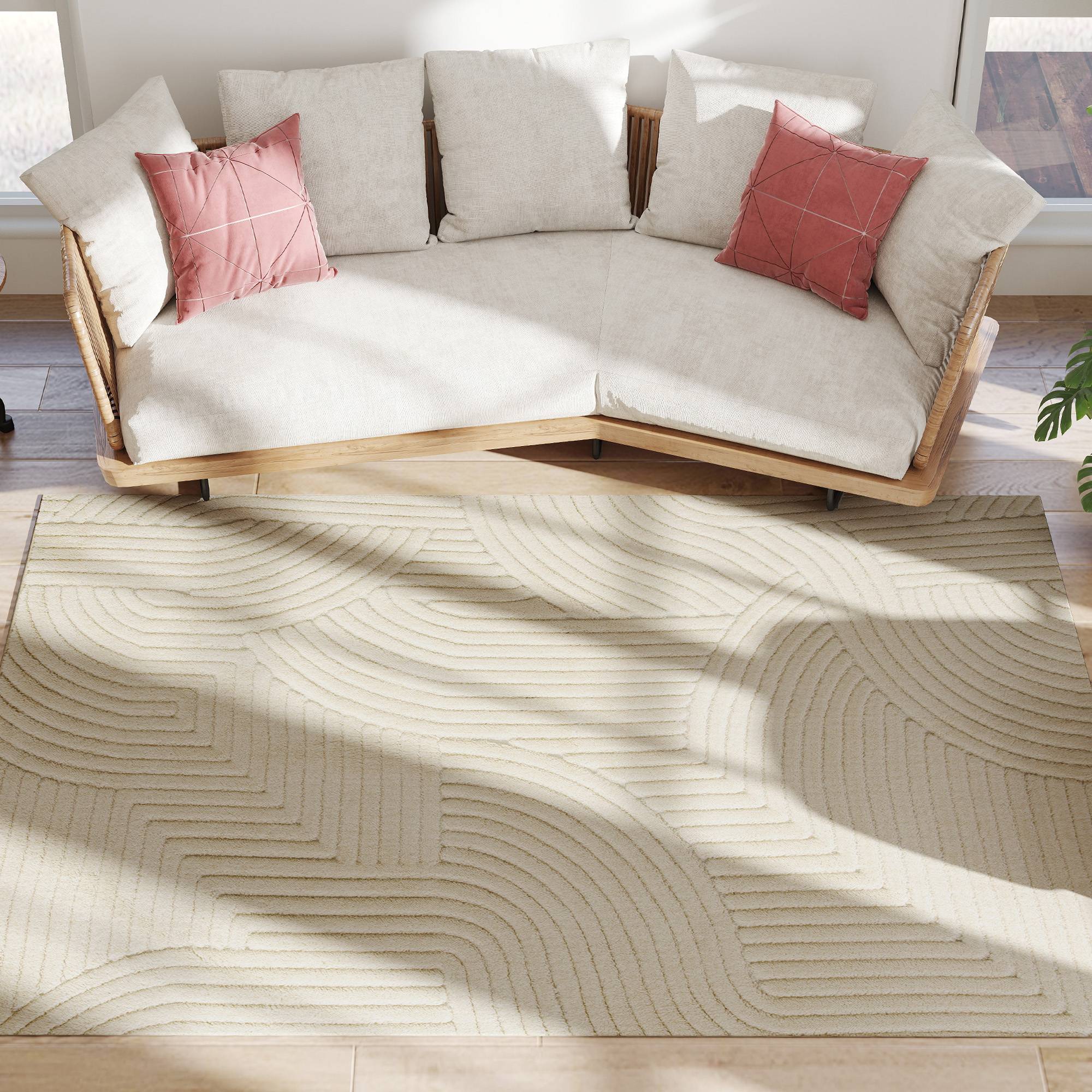 Sans Marque - Tapis salon 230x160 cm poils épais géométrique moelleux antidérapant crème - Image 2