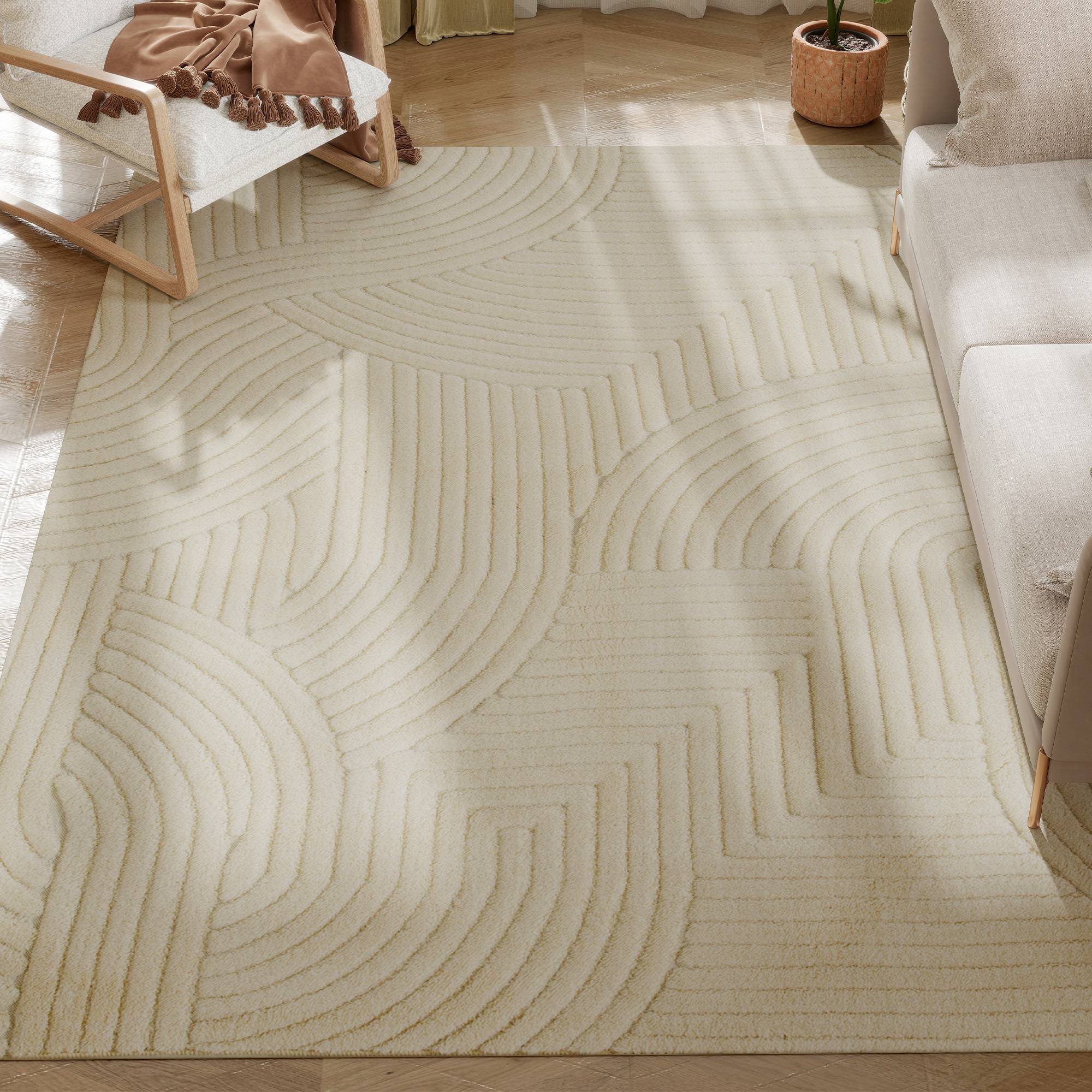 Sans Marque - Tapis salon 230x160 cm poils épais géométrique moelleux antidérapant crème - Image 1