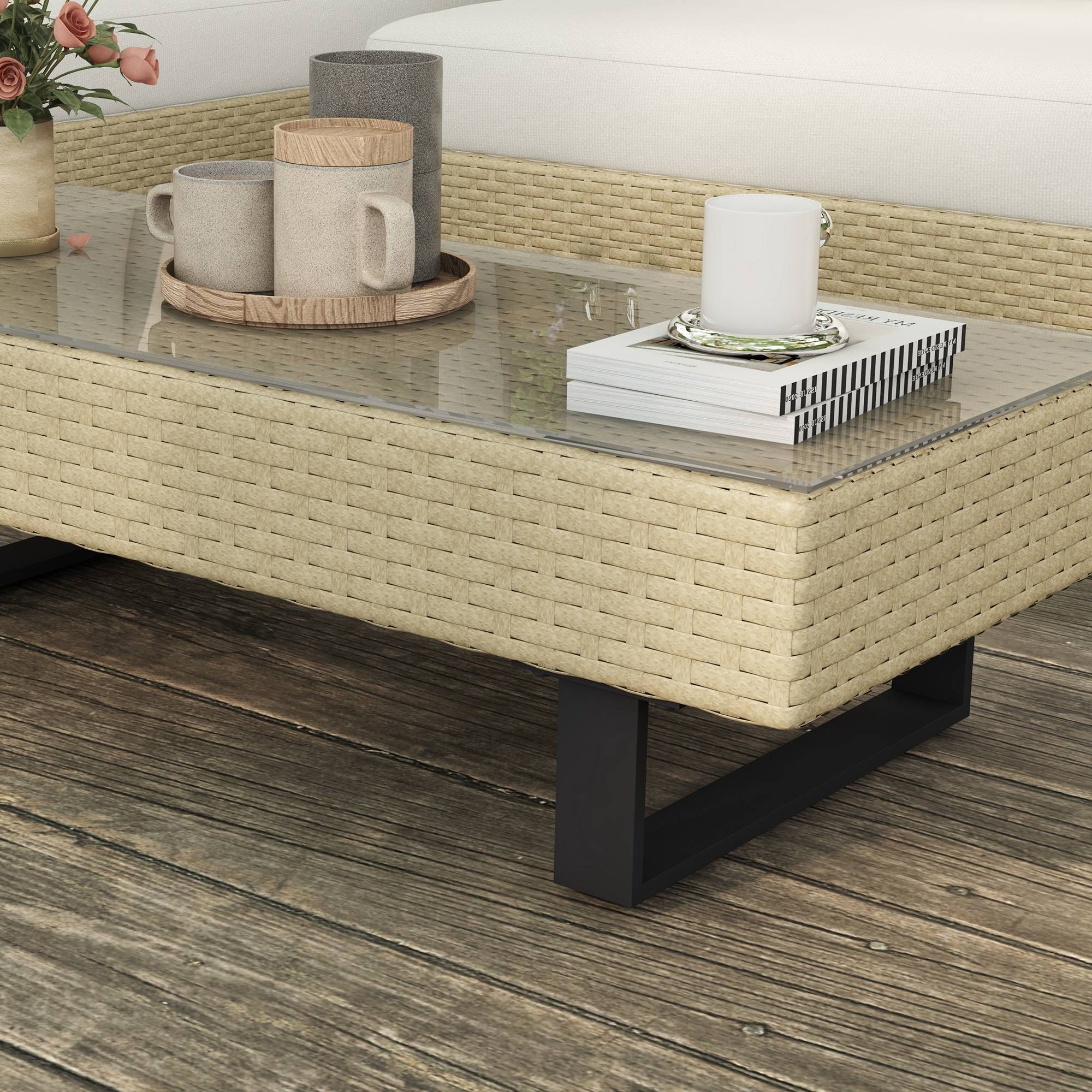Outsunny - Ensemble salon de jardin d'angle 5 places design contemporain coussins déhoussables table basse acier époxy résine tressée beige - Outsunny - Image 7