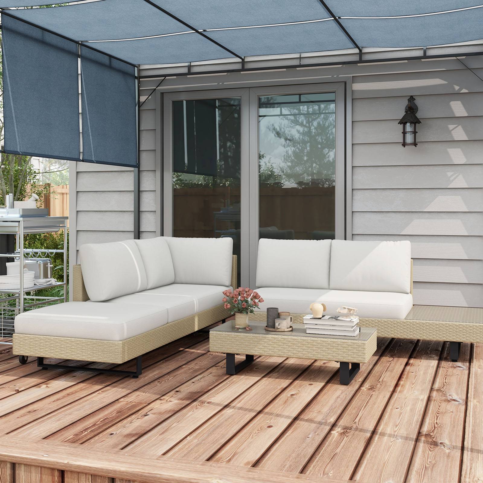Outsunny - Ensemble salon de jardin d'angle 5 places design contemporain coussins déhoussables table basse acier époxy résine tressée beige - Outsunny - Image 4