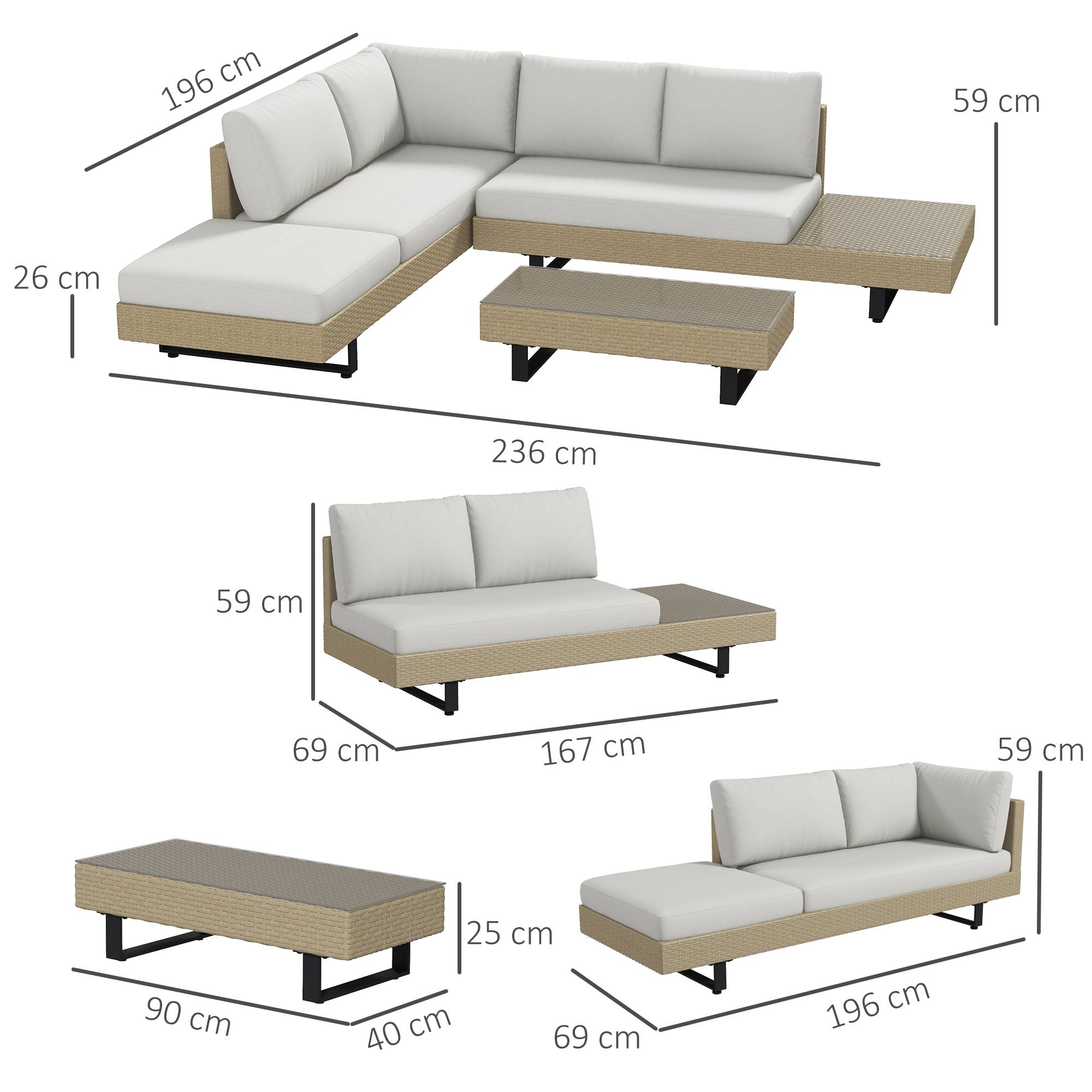 Outsunny - Ensemble salon de jardin d'angle 5 places design contemporain coussins déhoussables table basse acier époxy résine tressée beige - Outsunny - Image 3