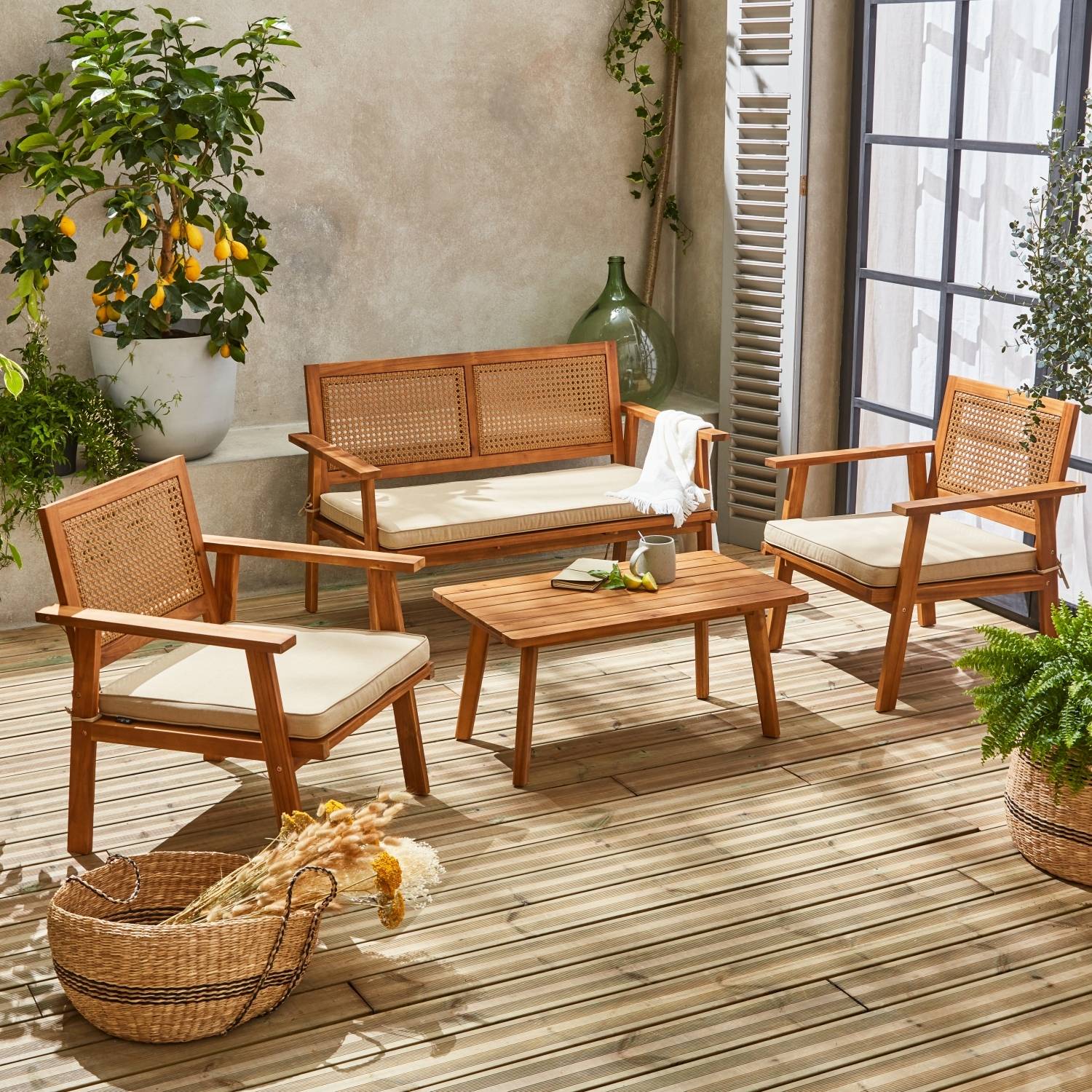 Salon de jardin. Bohémia. cannage rond. canapé 2 places. 2 fauteuils. 1 table basse 117x64x74 cm | sweeek - Image 1