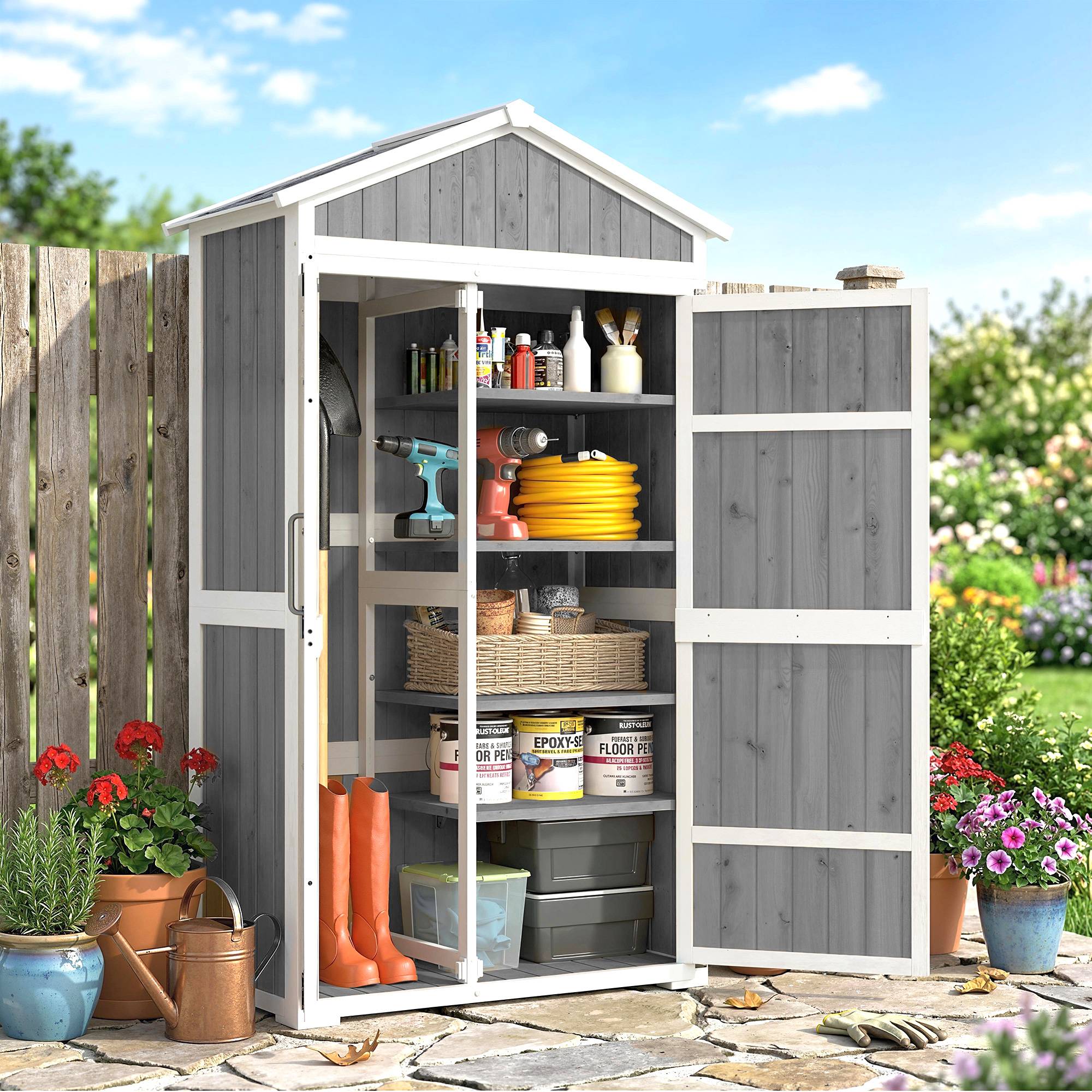 Armoire de Jardin Abri de Jardin Étanche avec Toit en Métal Double Porte pour Outils de Jardinage 105x55x179cm Gris - Image 2