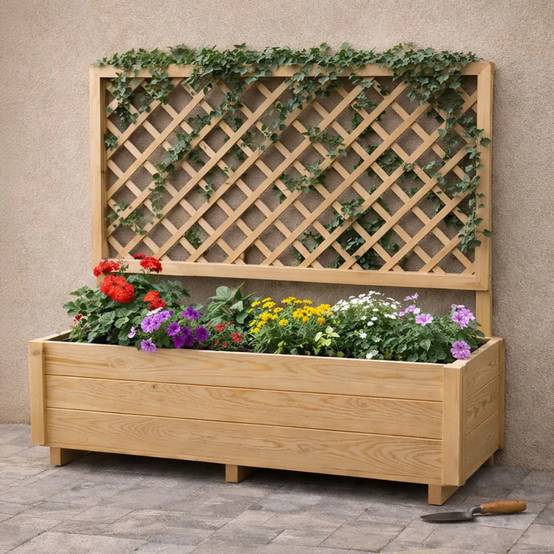 Carré potager rectangulaire en bois de sapin avec treillis 104 cm - 98x34x104 cm - Image 1