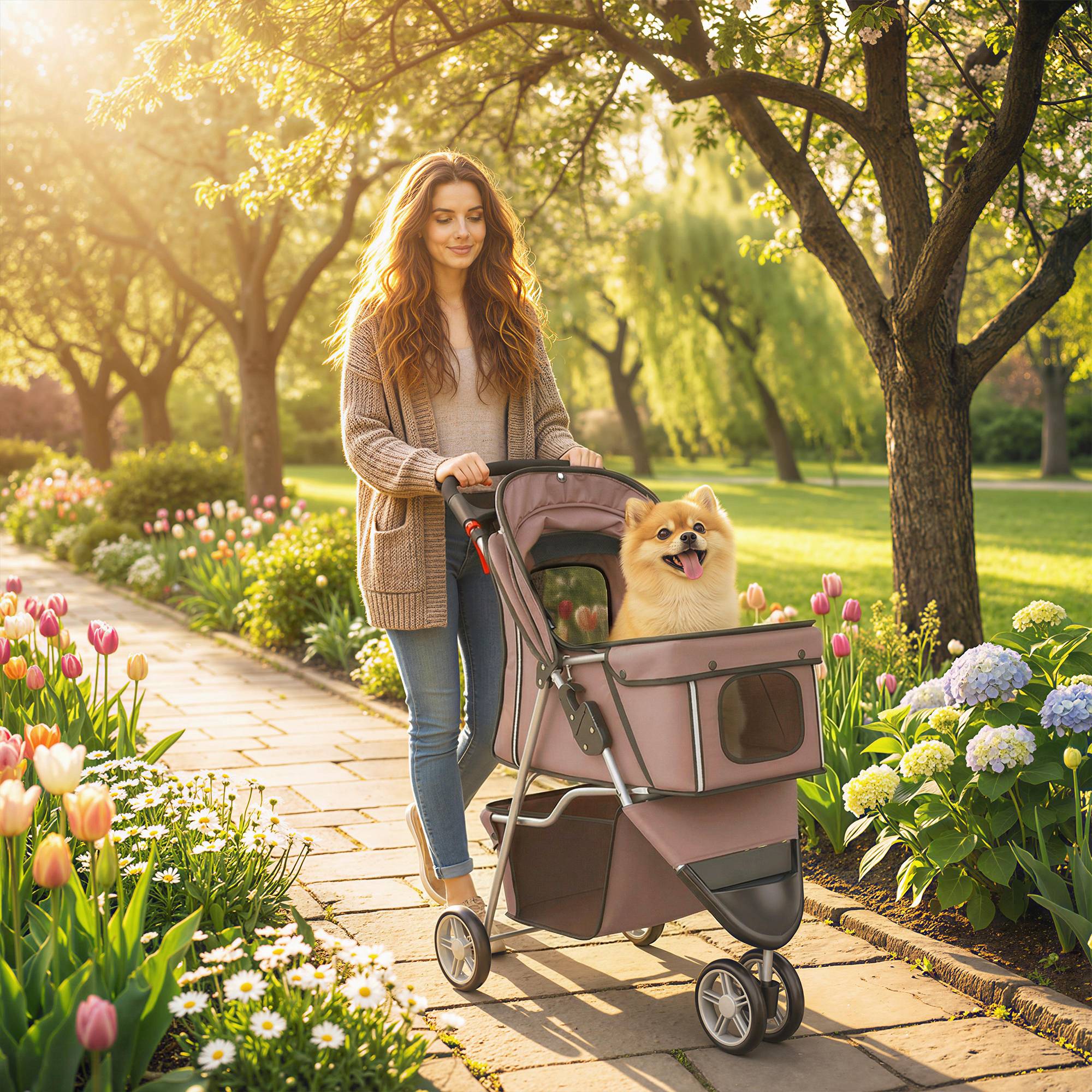 Poussette pour Chien 4 Roues, Chariot Pliable avec Auvent Réglable, Panier de Rangement, 77x44x102cm, Café - Image 3