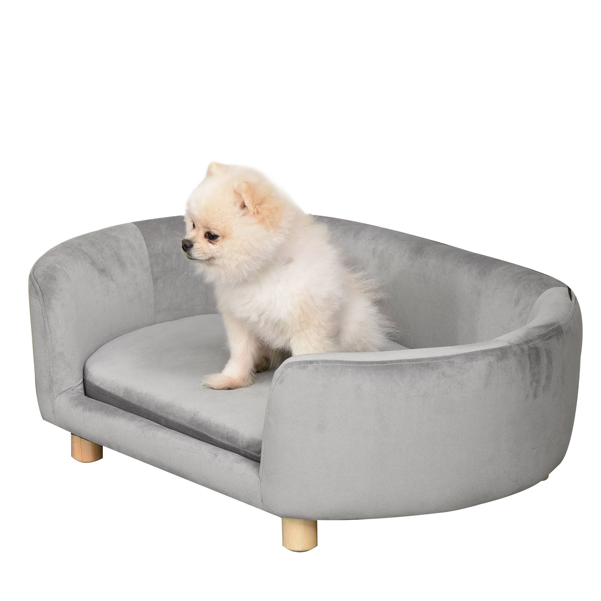 Sans Marque - Petit canapé chien pieds bois housse lavable coussin amovible 86x55x33 cm gris clair - Image 1