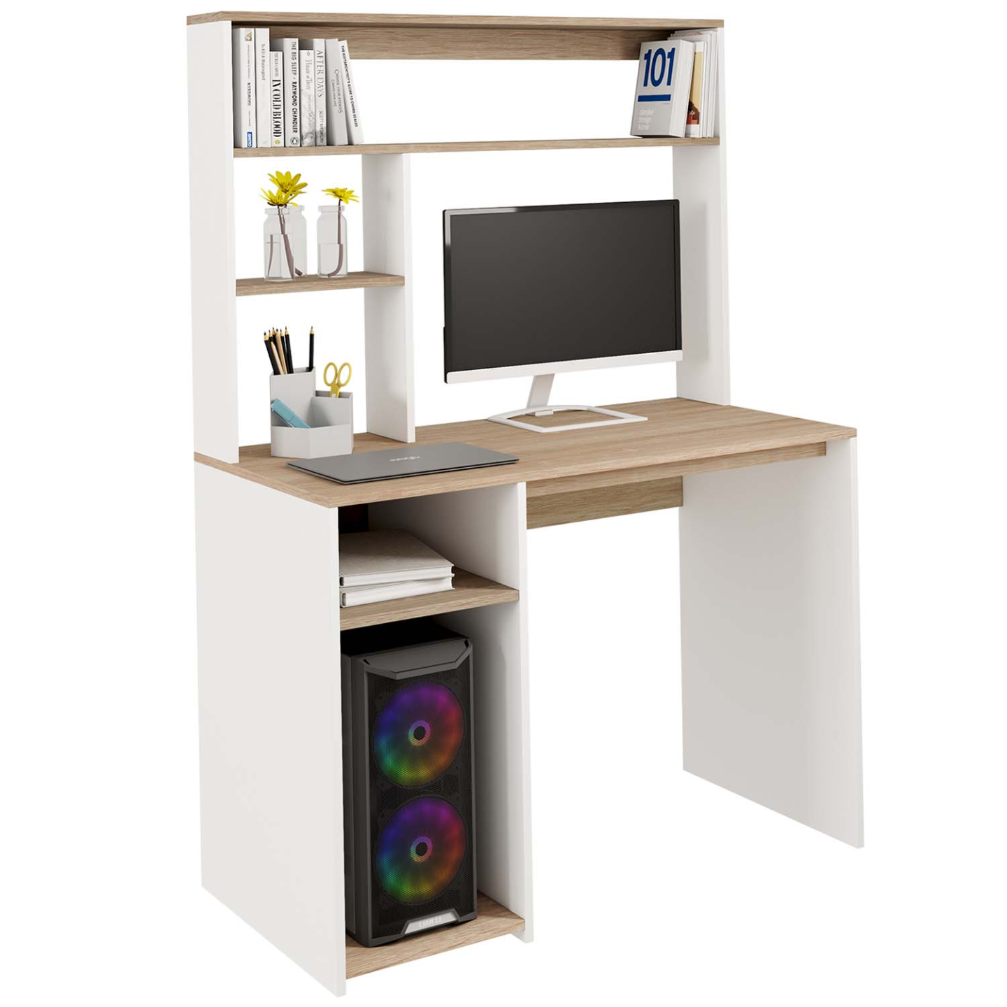 Bureau avec étagères de rangement DAN blanc et façon hêtre - Image 2