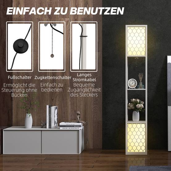 Lampadaire au design moderne, 2 étagères, interrupteur à chaînette, 26 cm x 26 cm x 156 cm, noir et blanc - Image 8