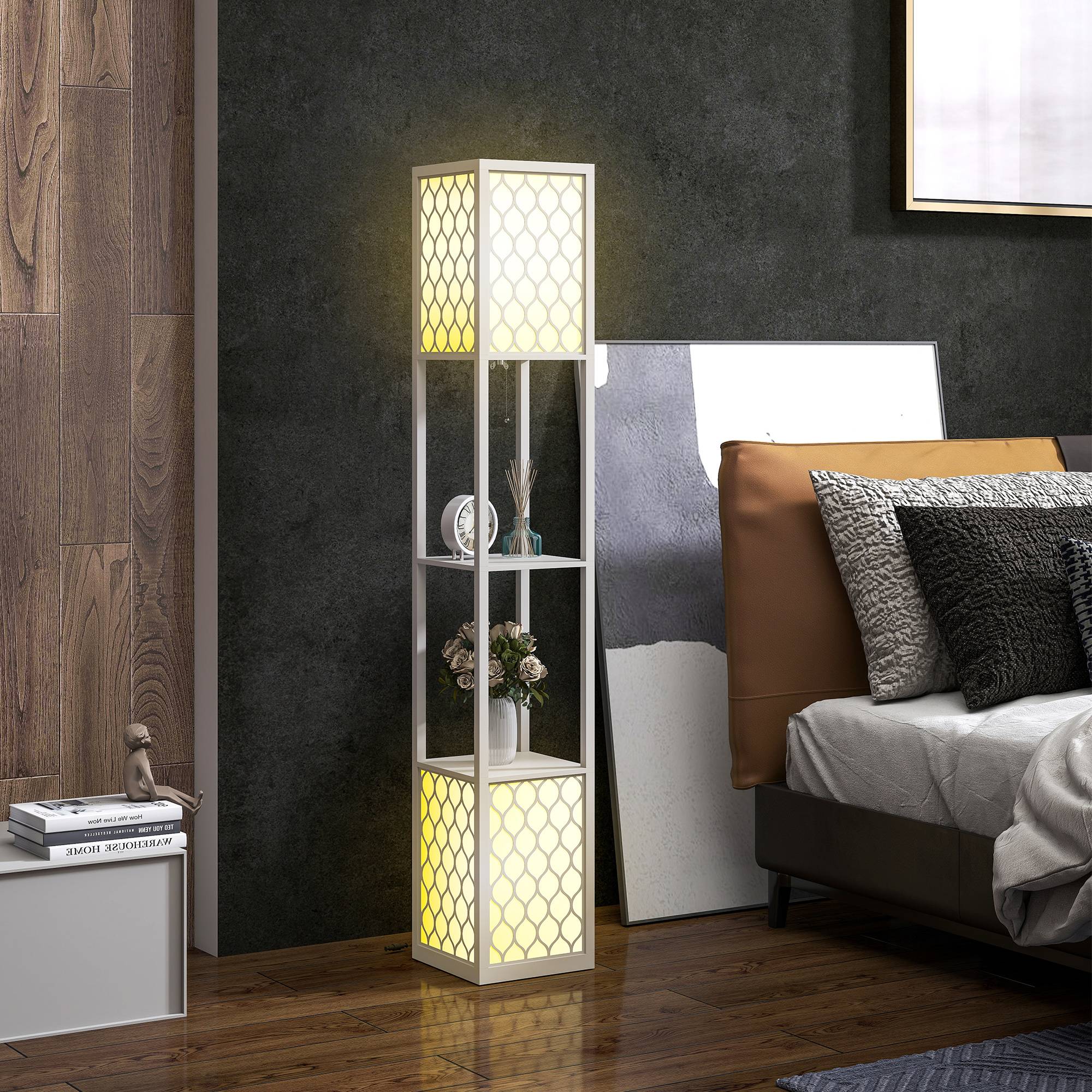 Lampadaire au design moderne, 2 étagères, interrupteur à chaînette, 26 cm x 26 cm x 156 cm, noir et blanc - Image 3