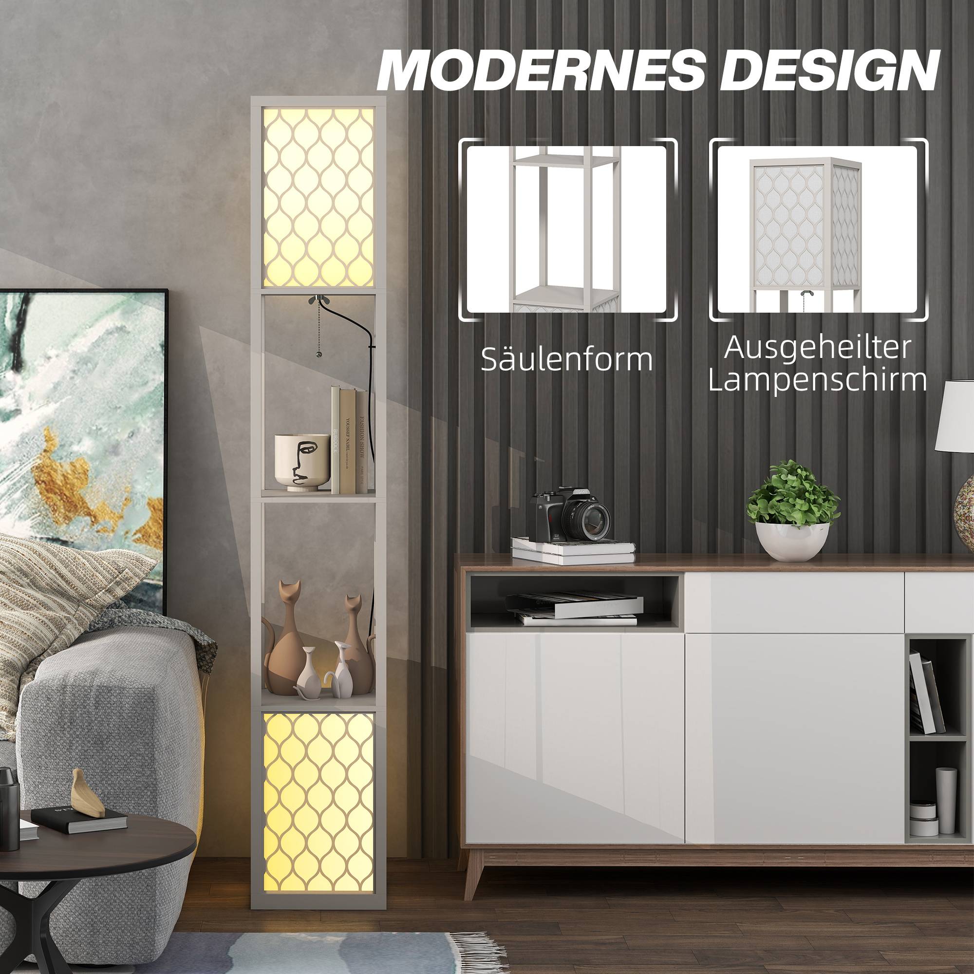 Lampadaire au design moderne, 2 étagères, interrupteur à chaînette, 26 cm x 26 cm x 156 cm, noir et blanc - Image 7