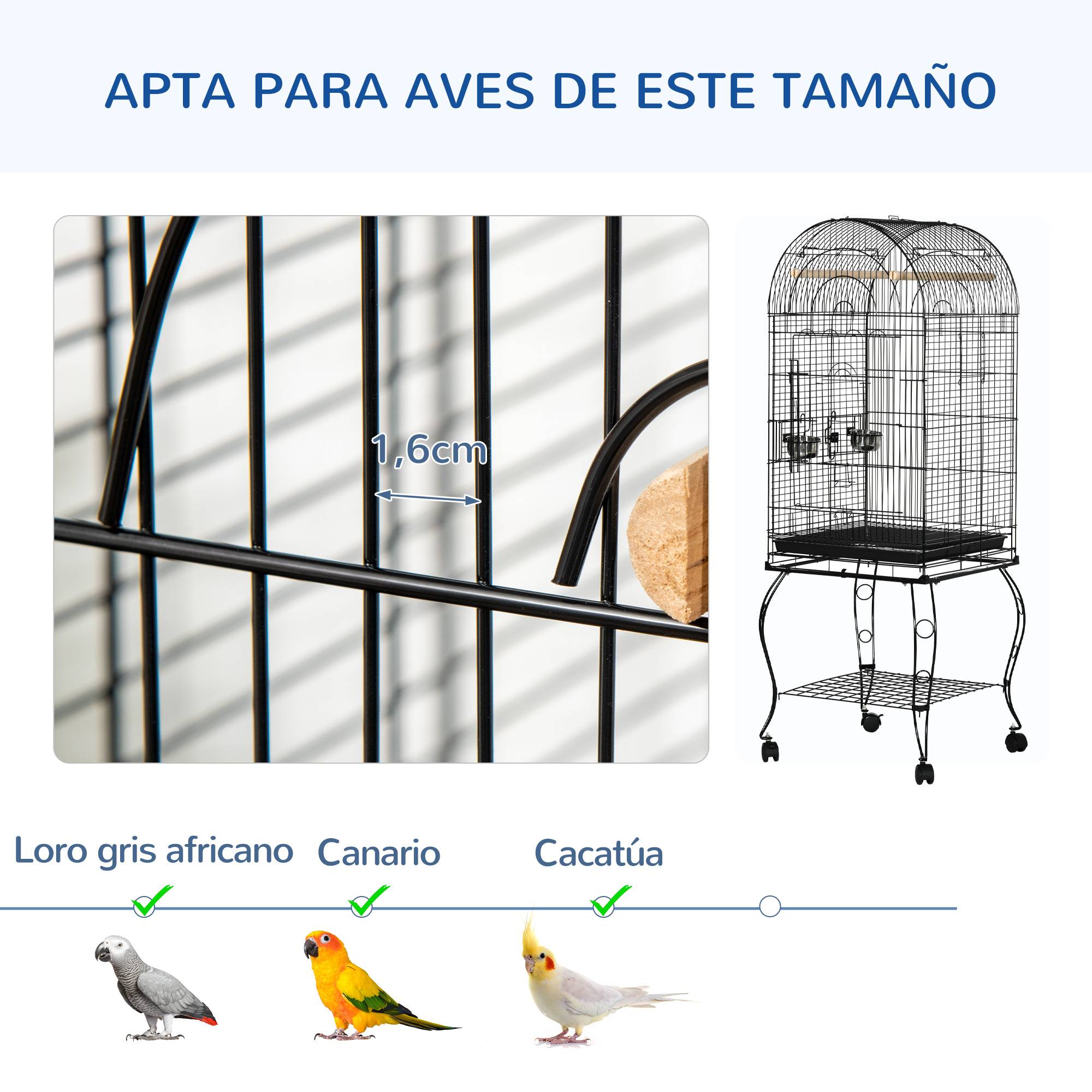 Cage pour oiseaux avec support et roues, cage en acier avec plateau amovible et 2 mangeoires, 51x51x153 cm, noir - Image 8