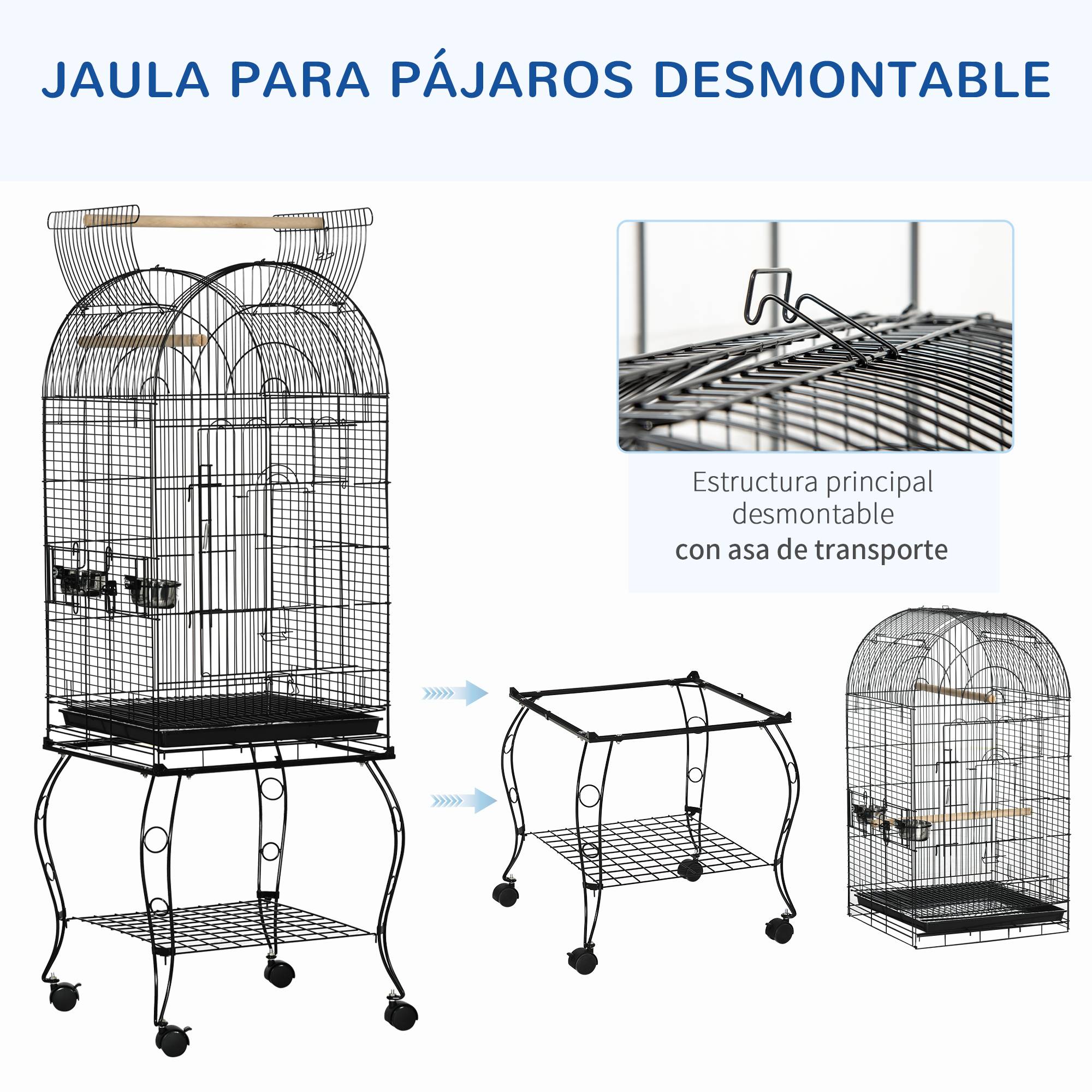 Cage pour oiseaux avec support et roues, cage en acier avec plateau amovible et 2 mangeoires, 51x51x153 cm, noir - Image 6