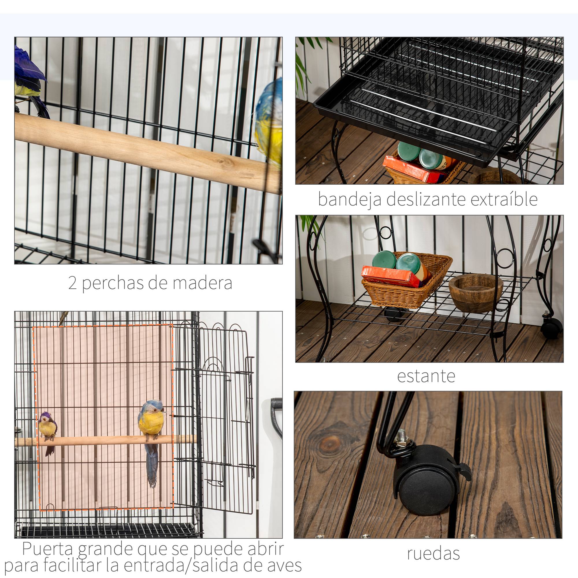 Cage pour oiseaux avec support et roues, cage en acier avec plateau amovible et 2 mangeoires, 51x51x153 cm, noir - Image 7