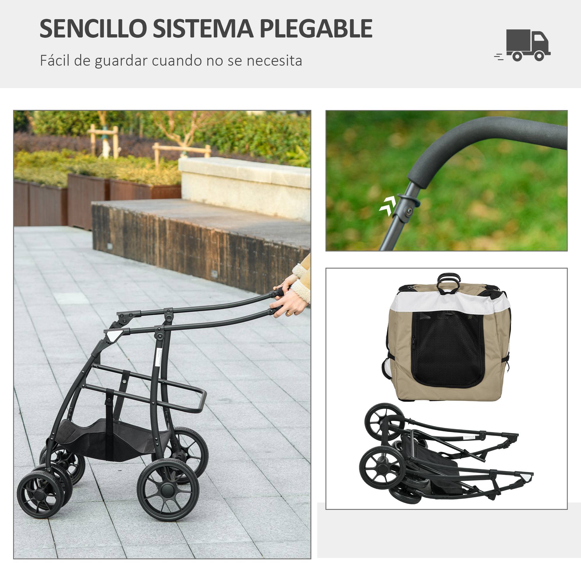 Poussette pliable pour chien avec wagon détachable, 4 portes zippées, 2 sangles de sécurité et coussin, kaki - Image 9