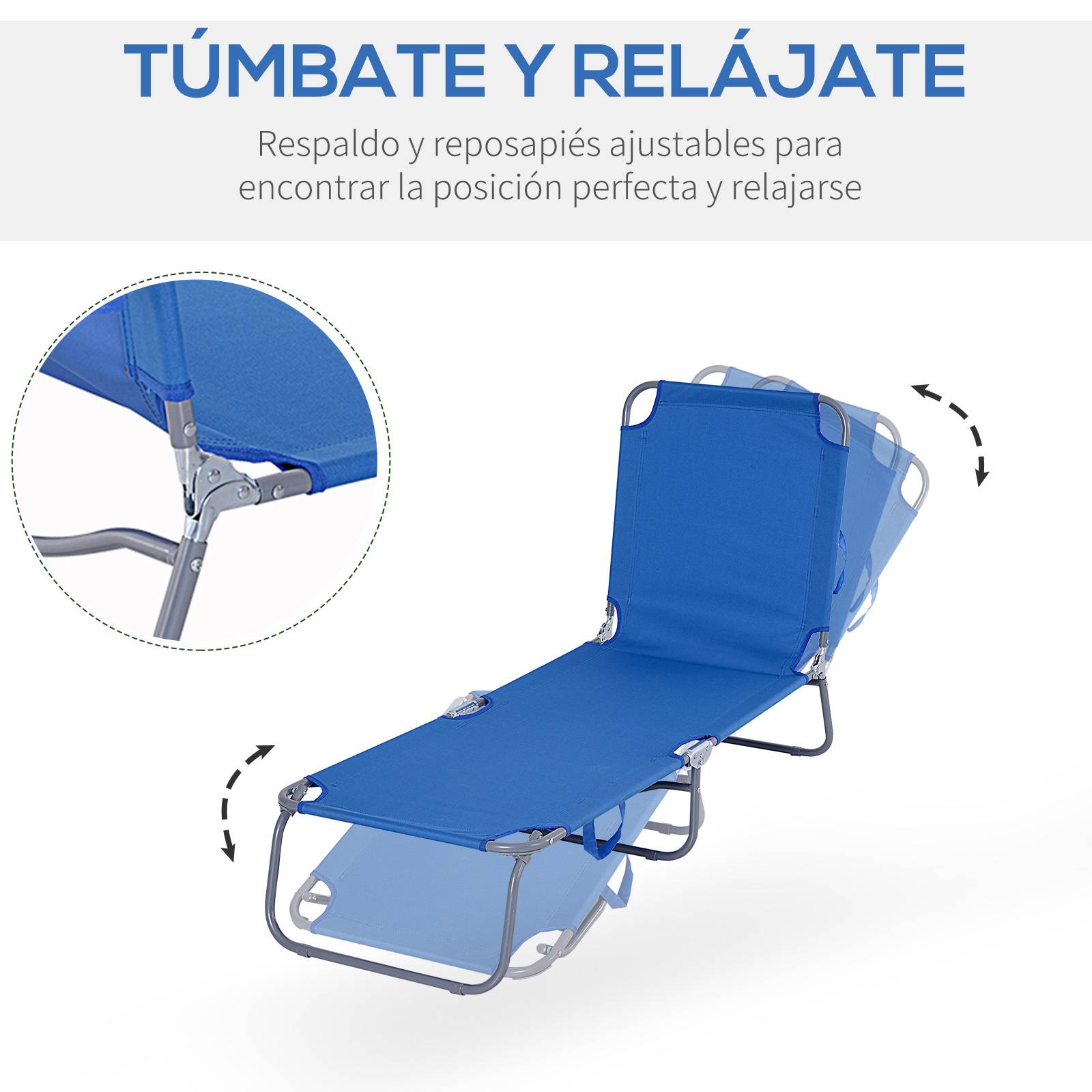 Transat de jardin pliable avec dossier réglable 5 positions, charge maximale 120 kg, pour terrasse ou piscine, 187 x 55 x 24 cm, bleu - Image 6