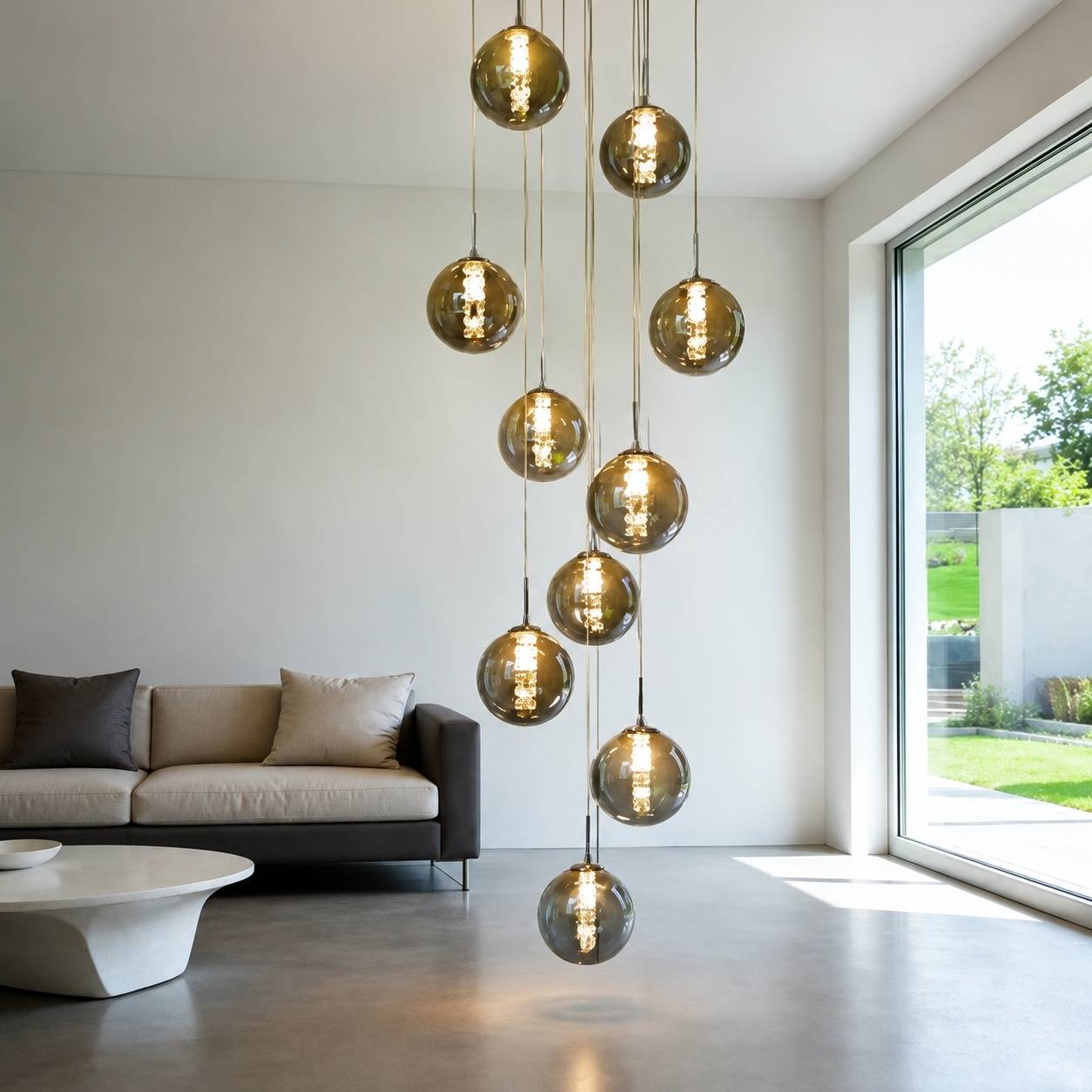Suspension Lampe Réglable Hauteur Sphères Verre Fumé Moderne - Image 7