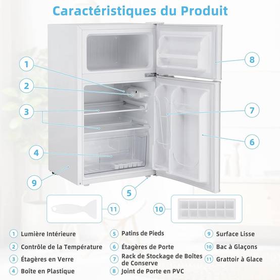 Réfrigérateur Congélateur 90 L(26L+64L) - Température de Refroidissement-49,5 x 48,5 x 86 cm, Blanc - Image 5