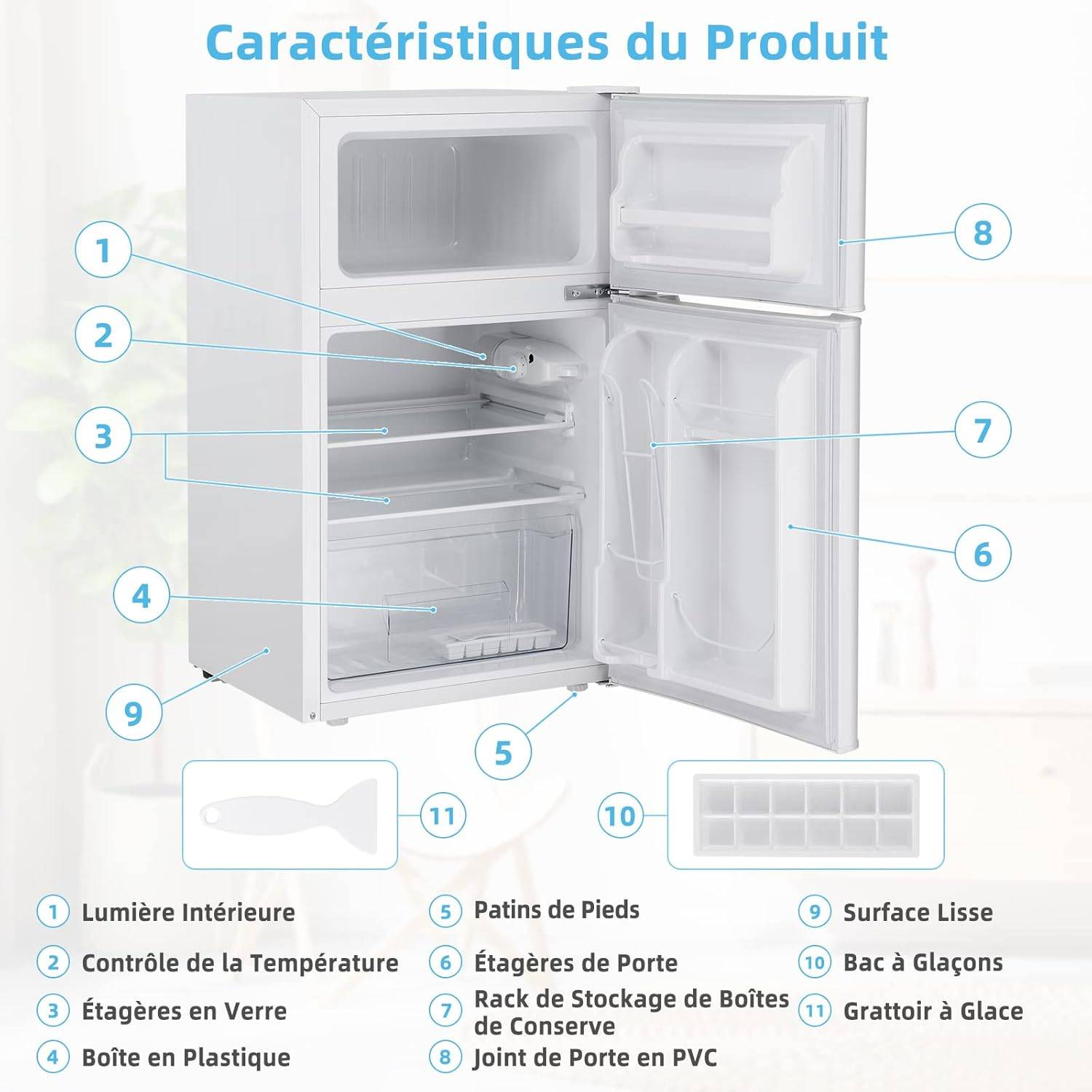 Réfrigérateur Congélateur 90 L(26L+64L) - Température de Refroidissement-49,5 x 48,5 x 86 cm, Blanc - Image 5