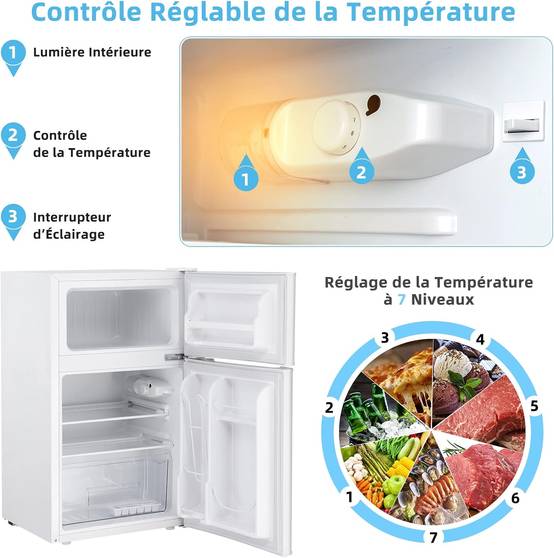 Réfrigérateur Congélateur 90 L(26L+64L) - Température de Refroidissement-49,5 x 48,5 x 86 cm, Blanc - Image 2