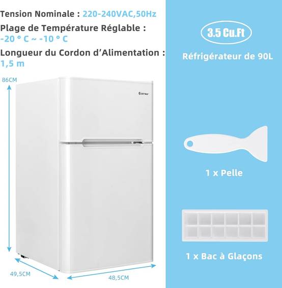 Réfrigérateur Congélateur 90 L(26L+64L) - Température de Refroidissement-49,5 x 48,5 x 86 cm, Blanc - Image 4