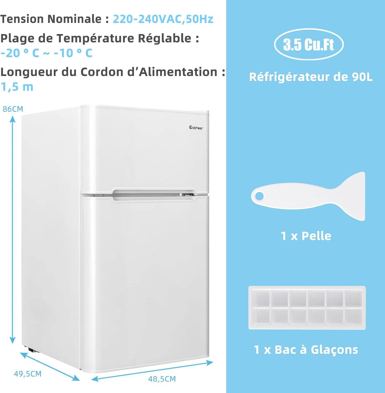 Réfrigérateur Congélateur 90 L(26L+64L) - Température de Refroidissement-49,5 x 48,5 x 86 cm, Blanc - Image 4