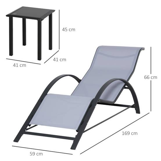 2 chaises longues de jardin 59 x 169 x 66 cm avec table basse en verre 41 x 41 x 45 cm et accoudoirs pour terrasse, piscine et patio, gris - Image 4