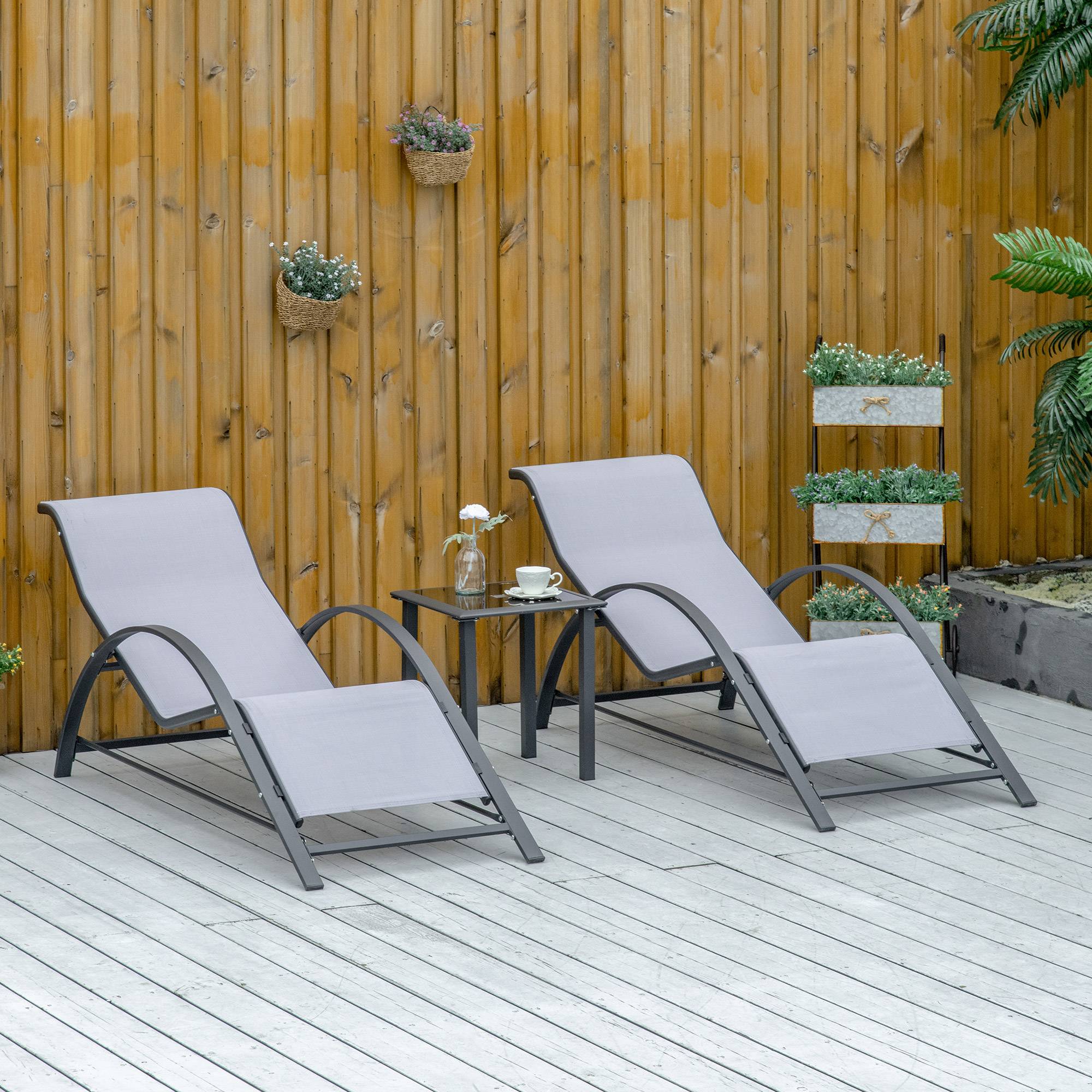 2 chaises longues de jardin 59 x 169 x 66 cm avec table basse en verre 41 x 41 x 45 cm et accoudoirs pour terrasse, piscine et patio, gris - Image 2