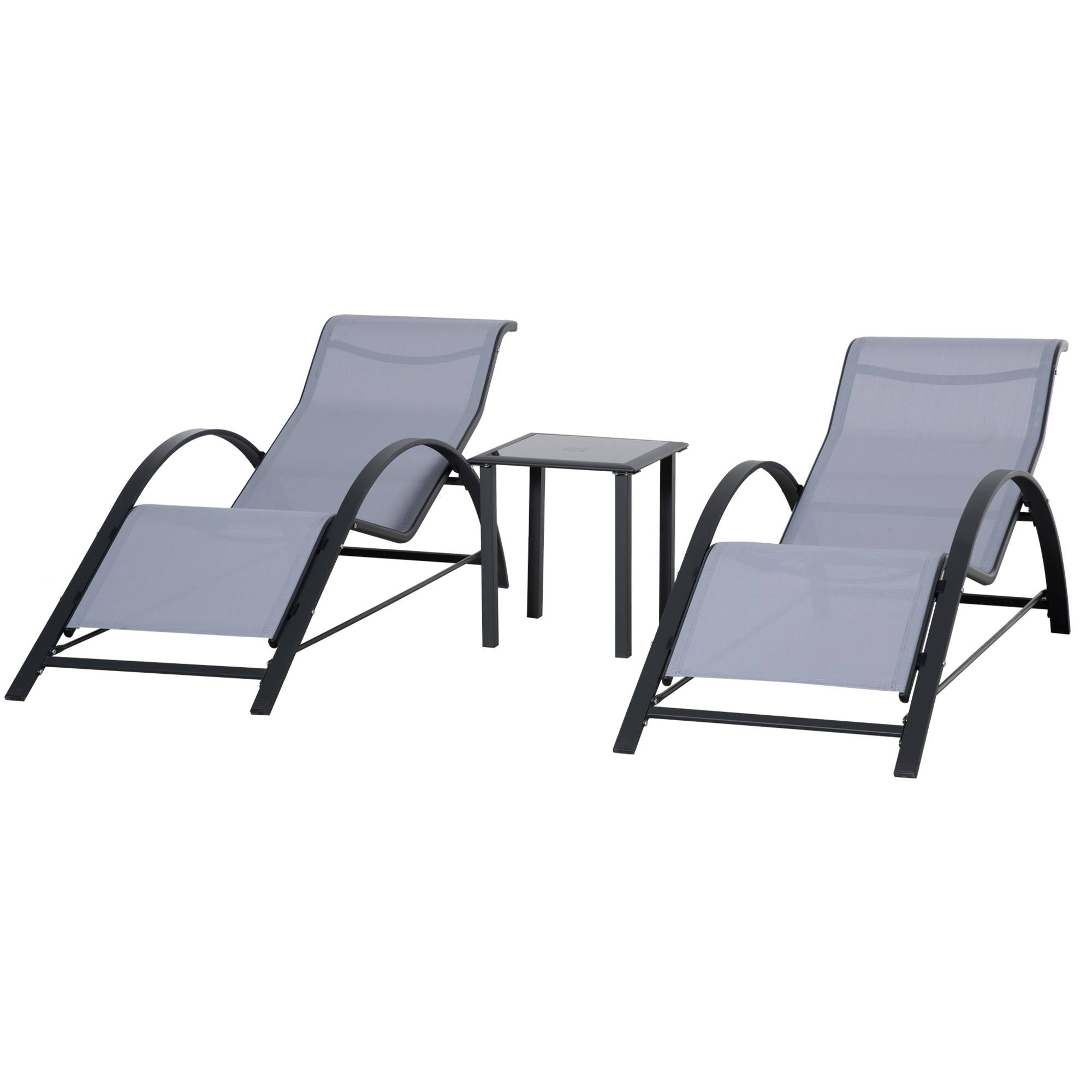 2 chaises longues de jardin 59 x 169 x 66 cm avec table basse en verre 41 x 41 x 45 cm et accoudoirs pour terrasse, piscine et patio, gris - Image 1