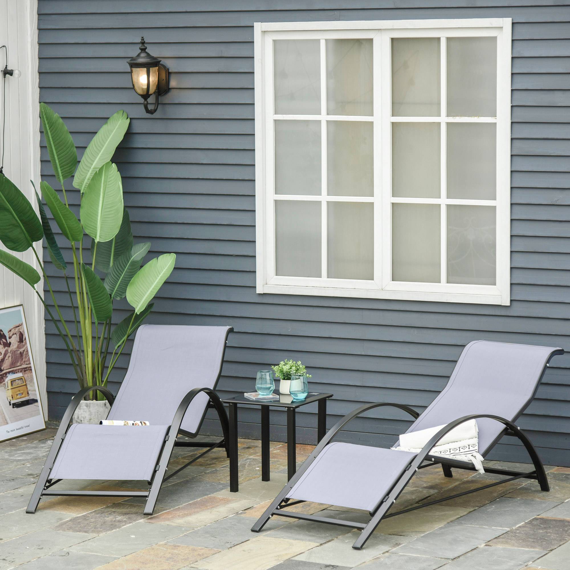 2 chaises longues de jardin 59 x 169 x 66 cm avec table basse en verre 41 x 41 x 45 cm et accoudoirs pour terrasse, piscine et patio, gris - Image 3
