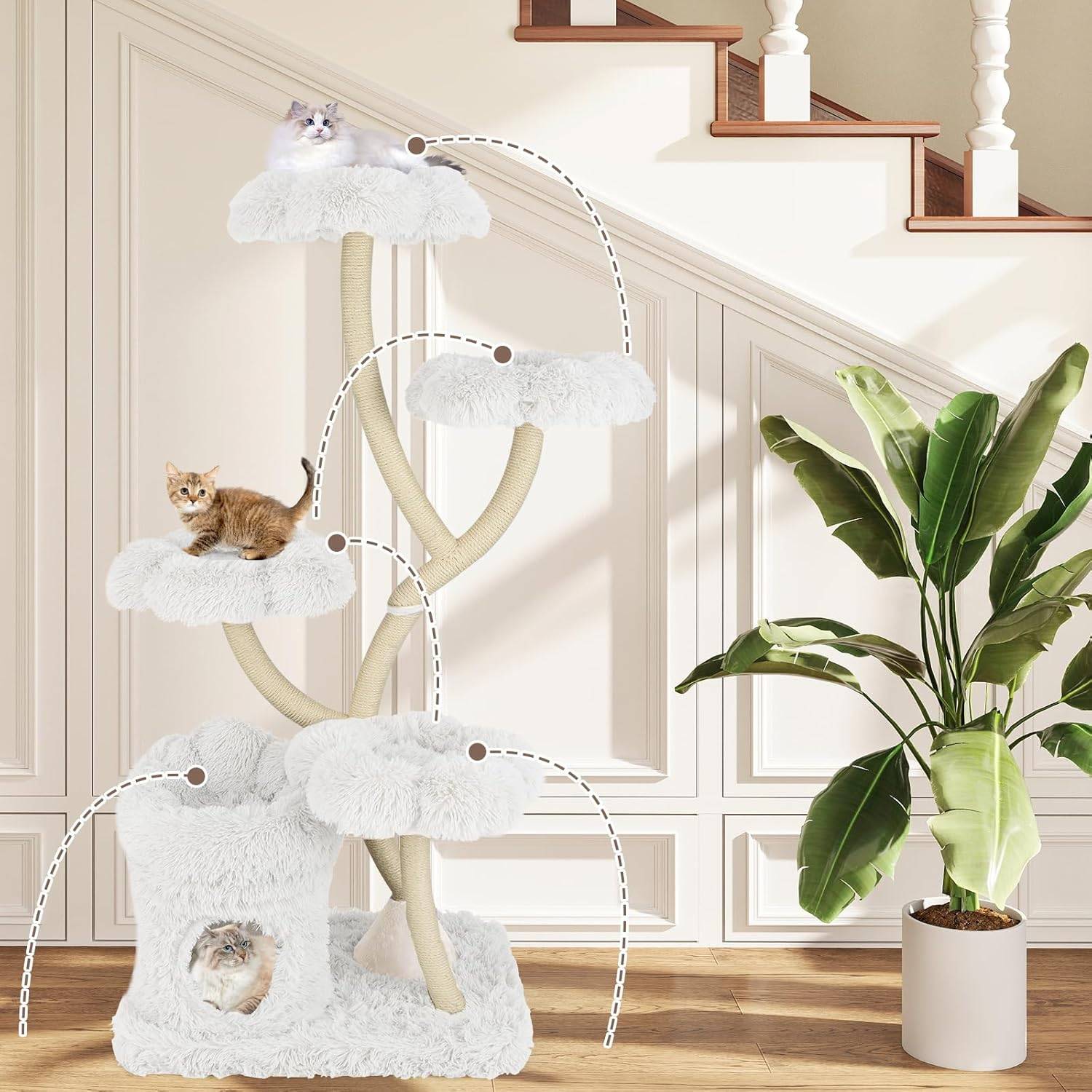 Arbre à Chat XXL 165 cm, Poteaux à Griffer en Sisal, 5 Plateformes, Arbre a Chat Maine Coon, Tubes de Support en Métal, 76x59×165 cm (Blanc) - Image 4