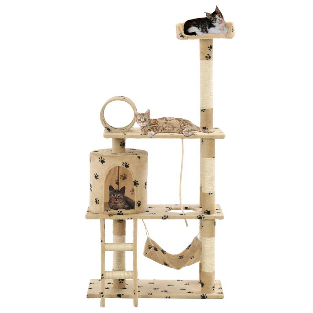 Arbre à chat griffoir grattoir niche jouet animaux peluché en sisal 140cm beige motif de pattes - Image 1