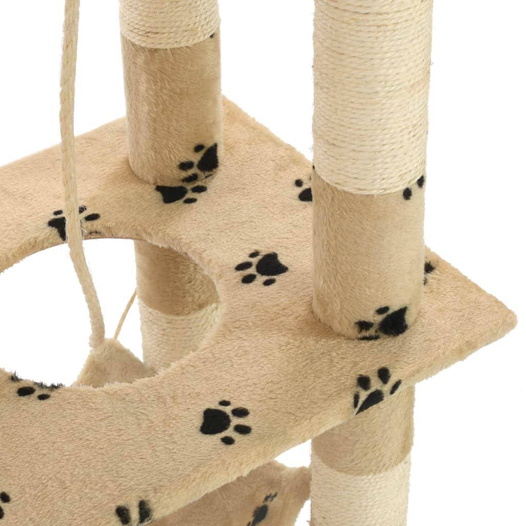 Arbre à chat griffoir grattoir niche jouet animaux peluché en sisal 140cm beige motif de pattes - Image 7
