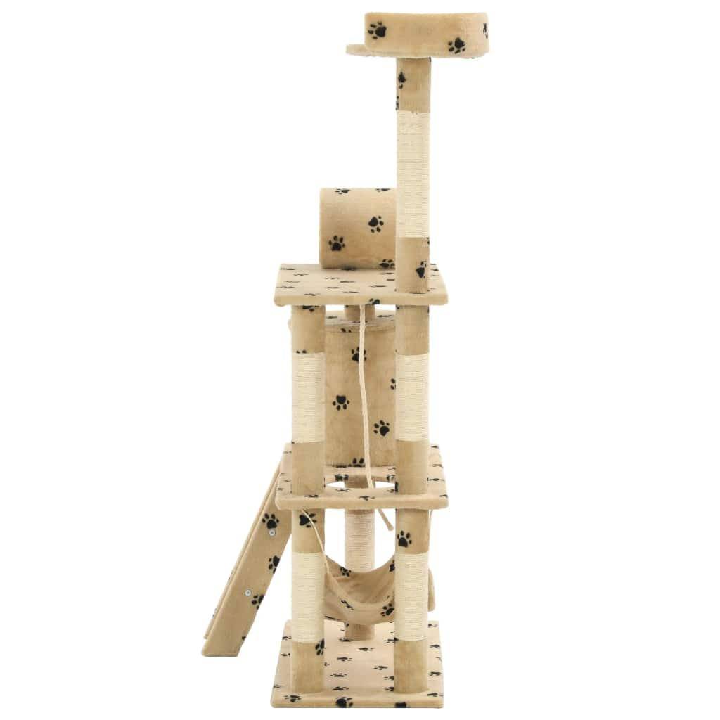 Arbre à chat griffoir grattoir niche jouet animaux peluché en sisal 140cm beige motif de pattes - Image 5