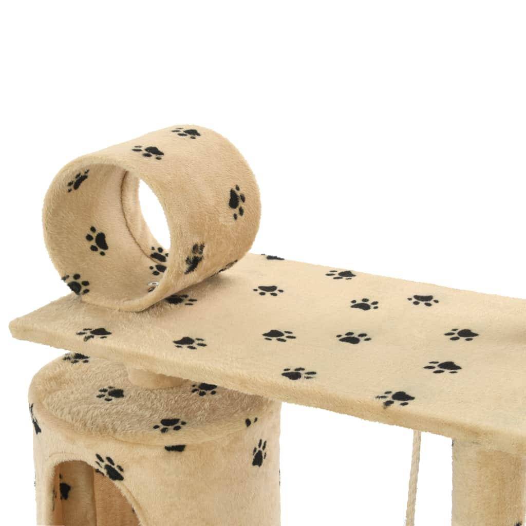 Arbre à chat griffoir grattoir niche jouet animaux peluché en sisal 140cm beige motif de pattes - Image 6